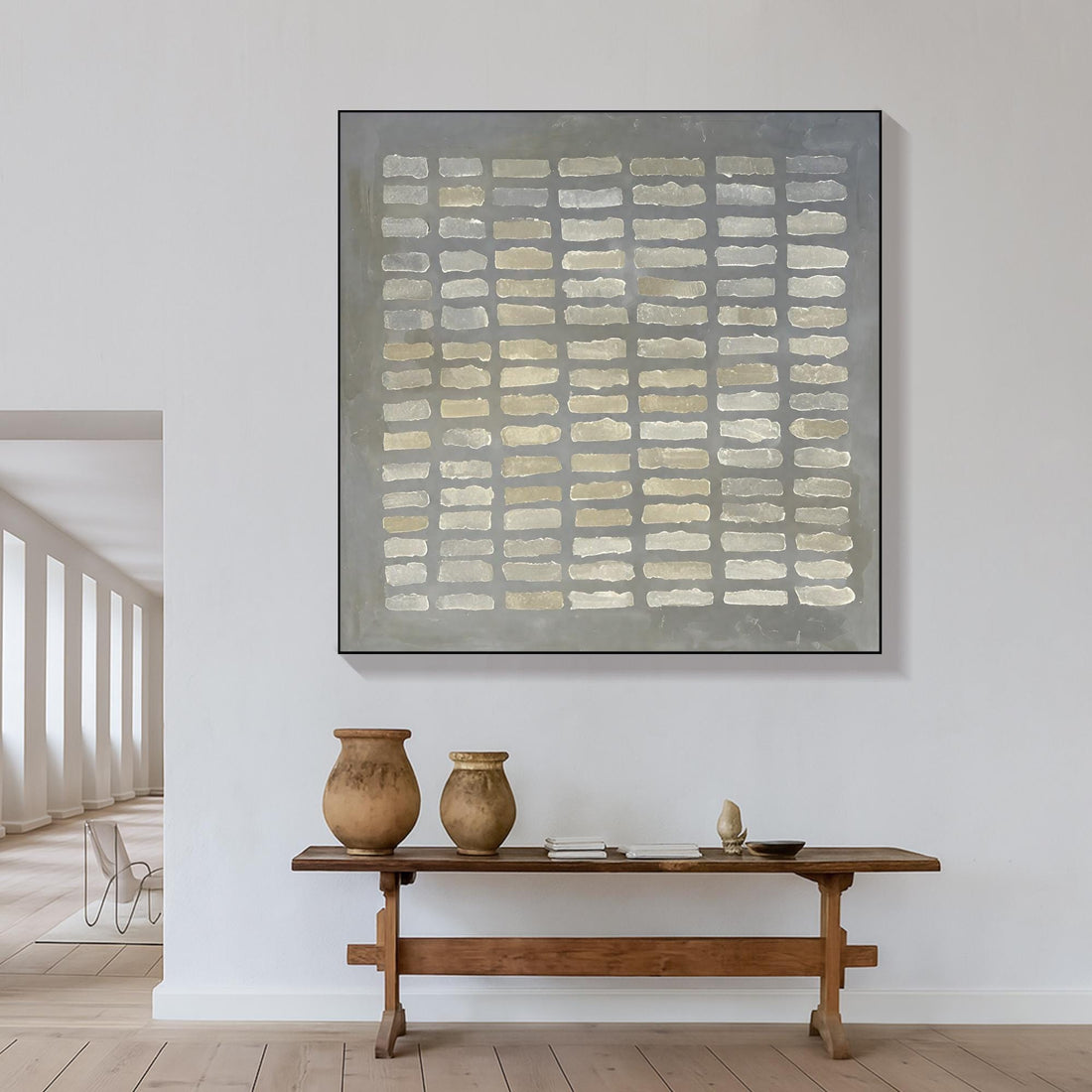 The image is a square canvas with a repeating pattern of white and beige rectangles arranged in a grid-like fashion.