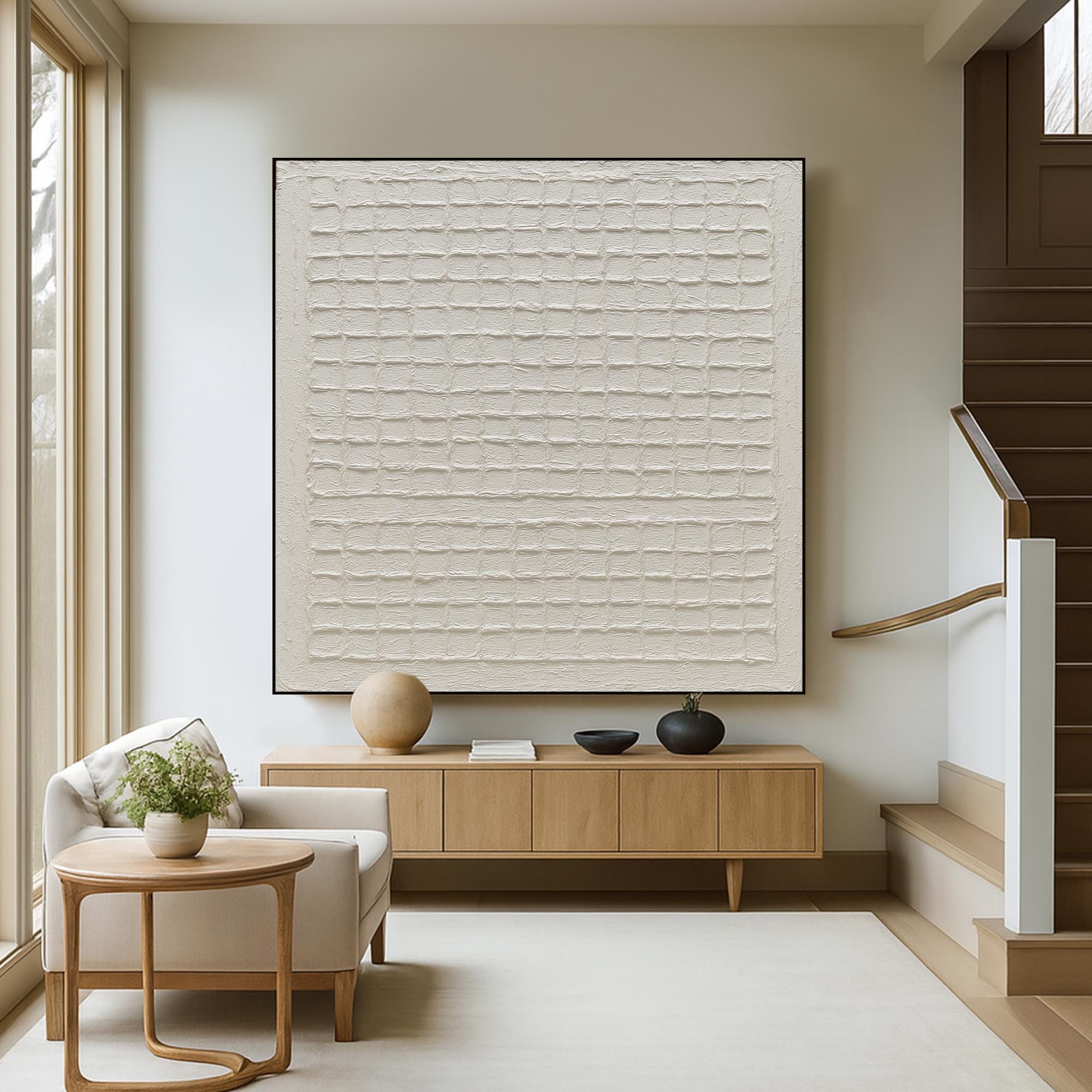 Original Minimalist Grid Texture Painting Neutral Handmade Abstract Canvas Art with Relief,Modern Sculptural Wall Decor for Calm Interiors