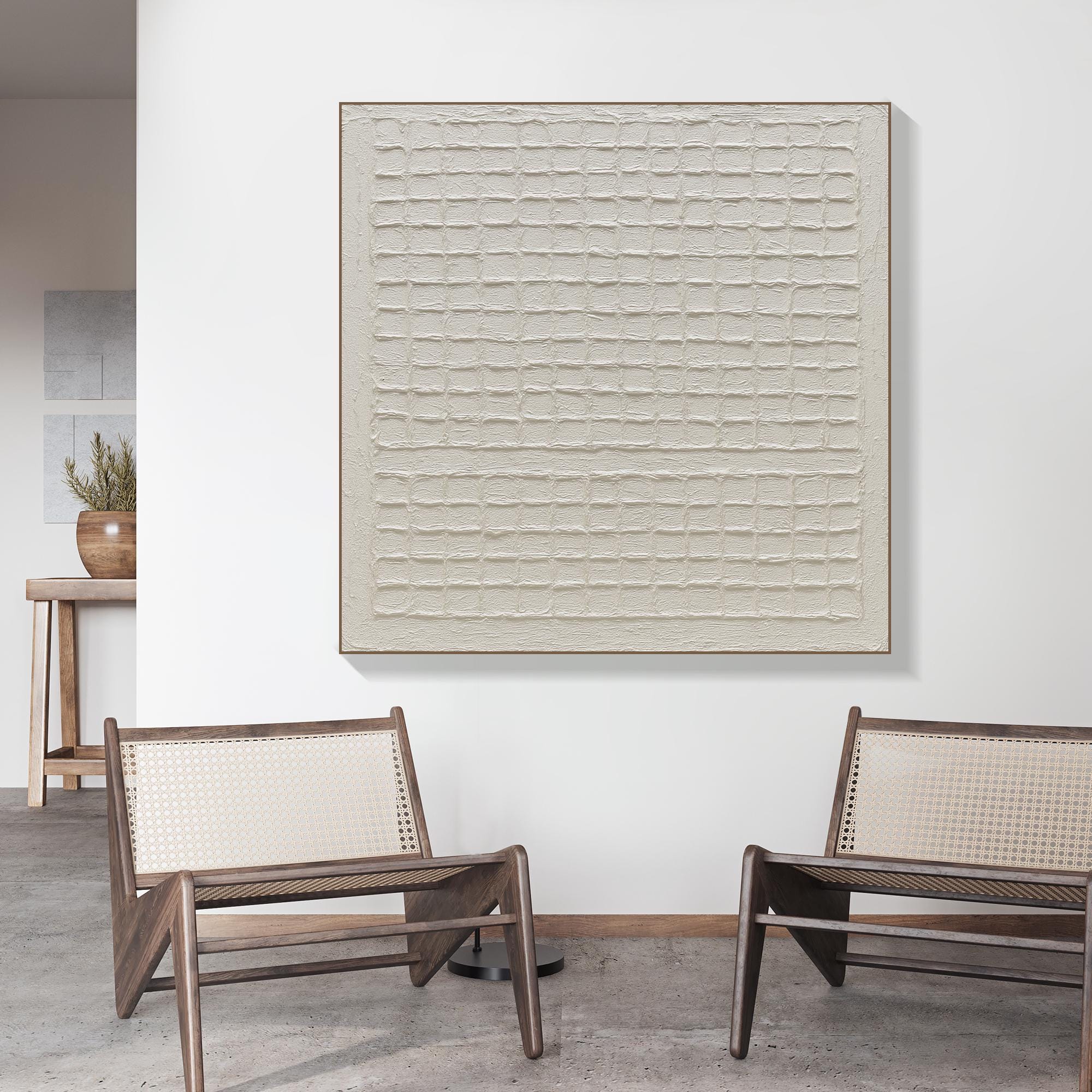 Original Minimalist Grid Texture Painting Neutral Handmade Abstract Canvas Art with Relief,Modern Sculptural Wall Decor for Calm Interiors