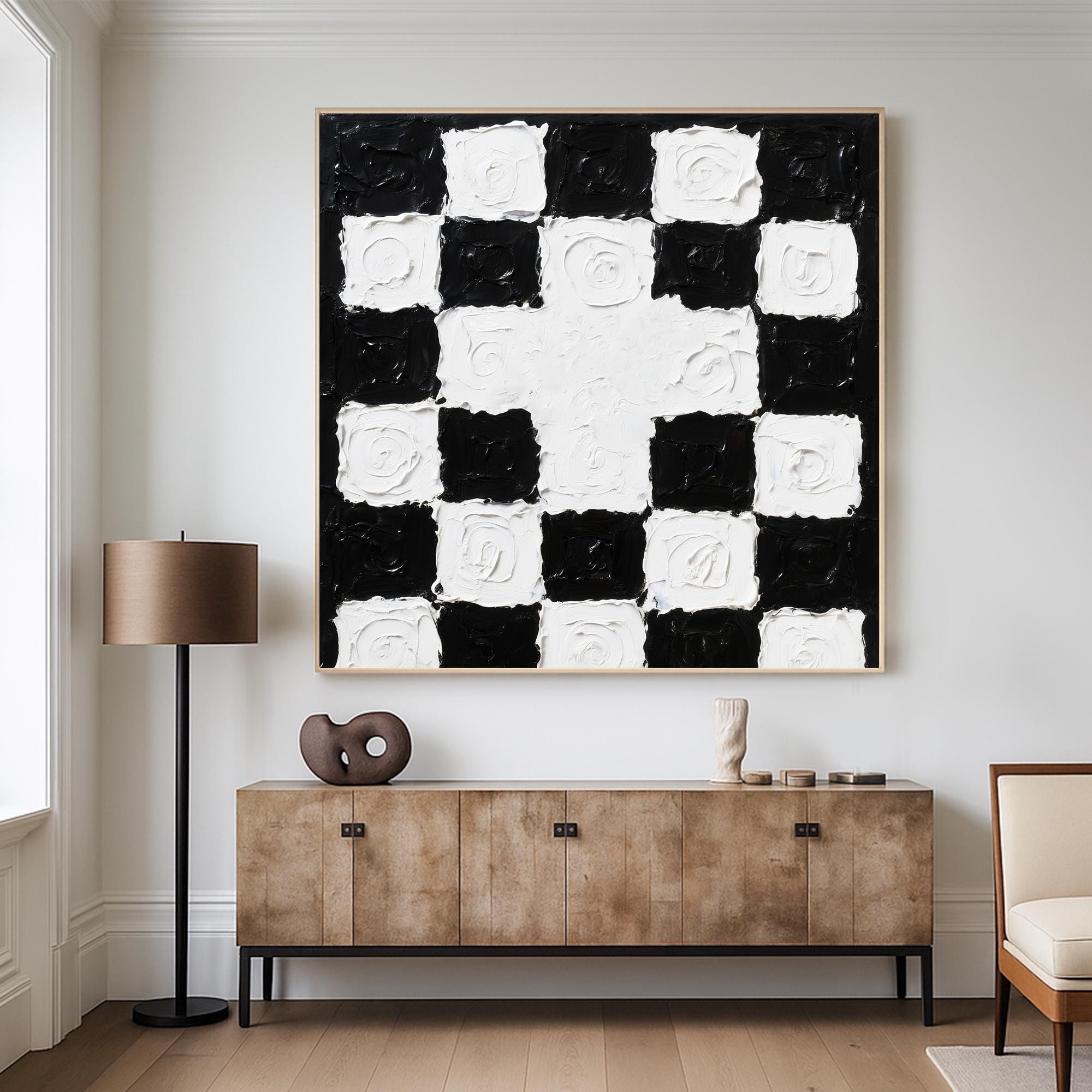 Black and White Checkered Textured Wall Art Bold Modern Abstract Canvas Painting with Thick Impasto, Handmade Statement Piece for Decor