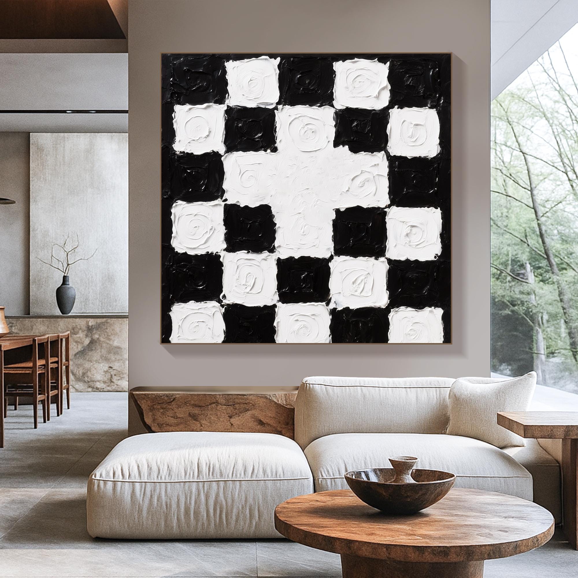 Black and White Checkered Textured Wall Art Bold Modern Abstract Canvas Painting with Thick Impasto, Handmade Statement Piece for Decor