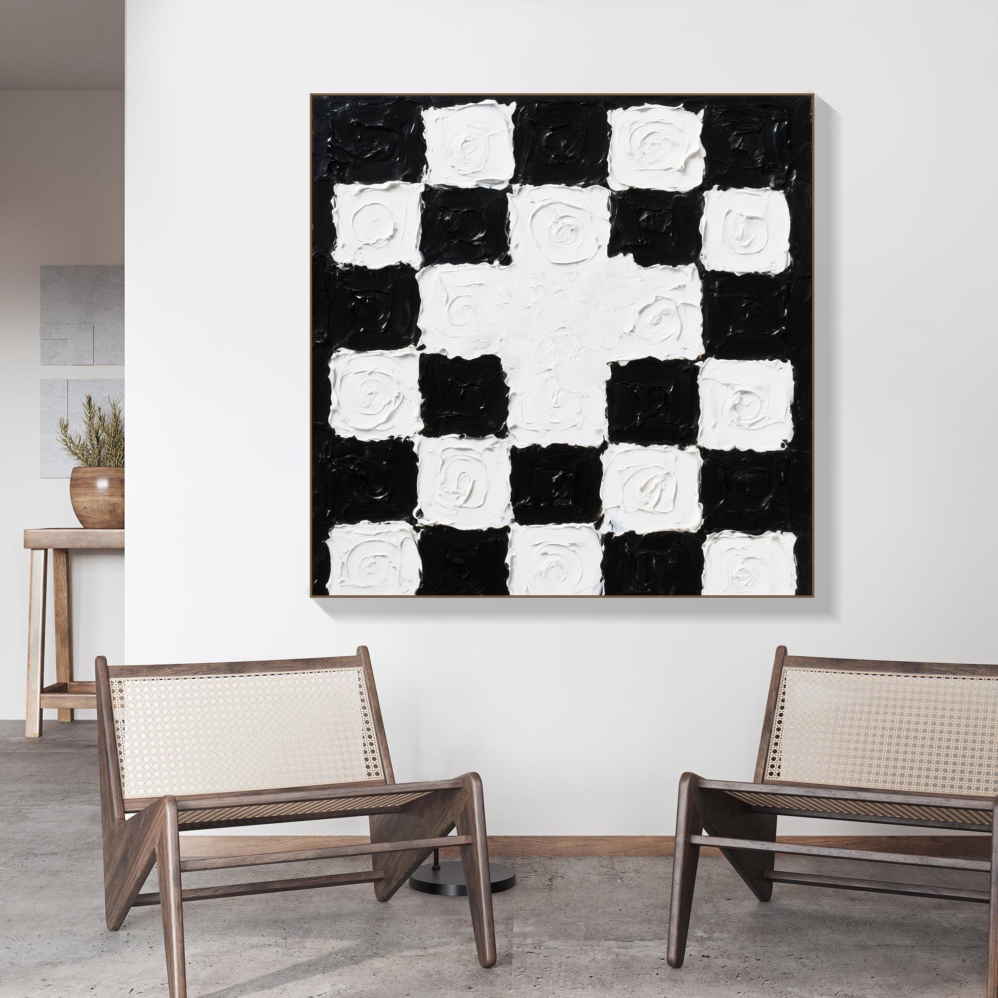 Black and White Checkered Textured Wall Art Bold Modern Abstract Canvas Painting with Thick Impasto, Handmade Statement Piece for Decor