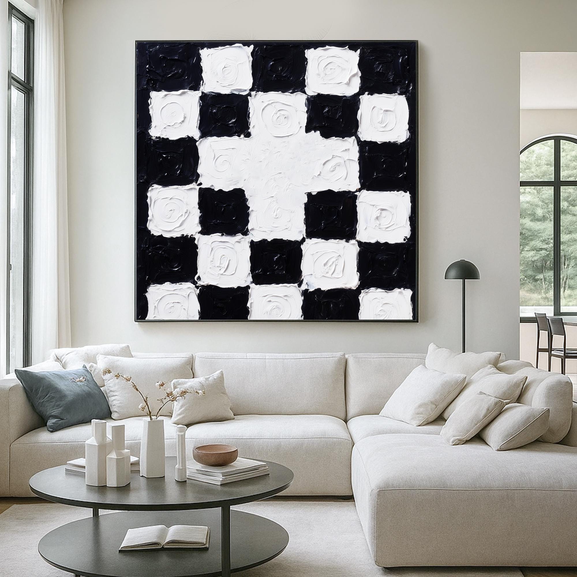 Black and White Checkered Textured Wall Art Bold Modern Abstract Canvas Painting with Thick Impasto, Handmade Statement Piece for Decor
