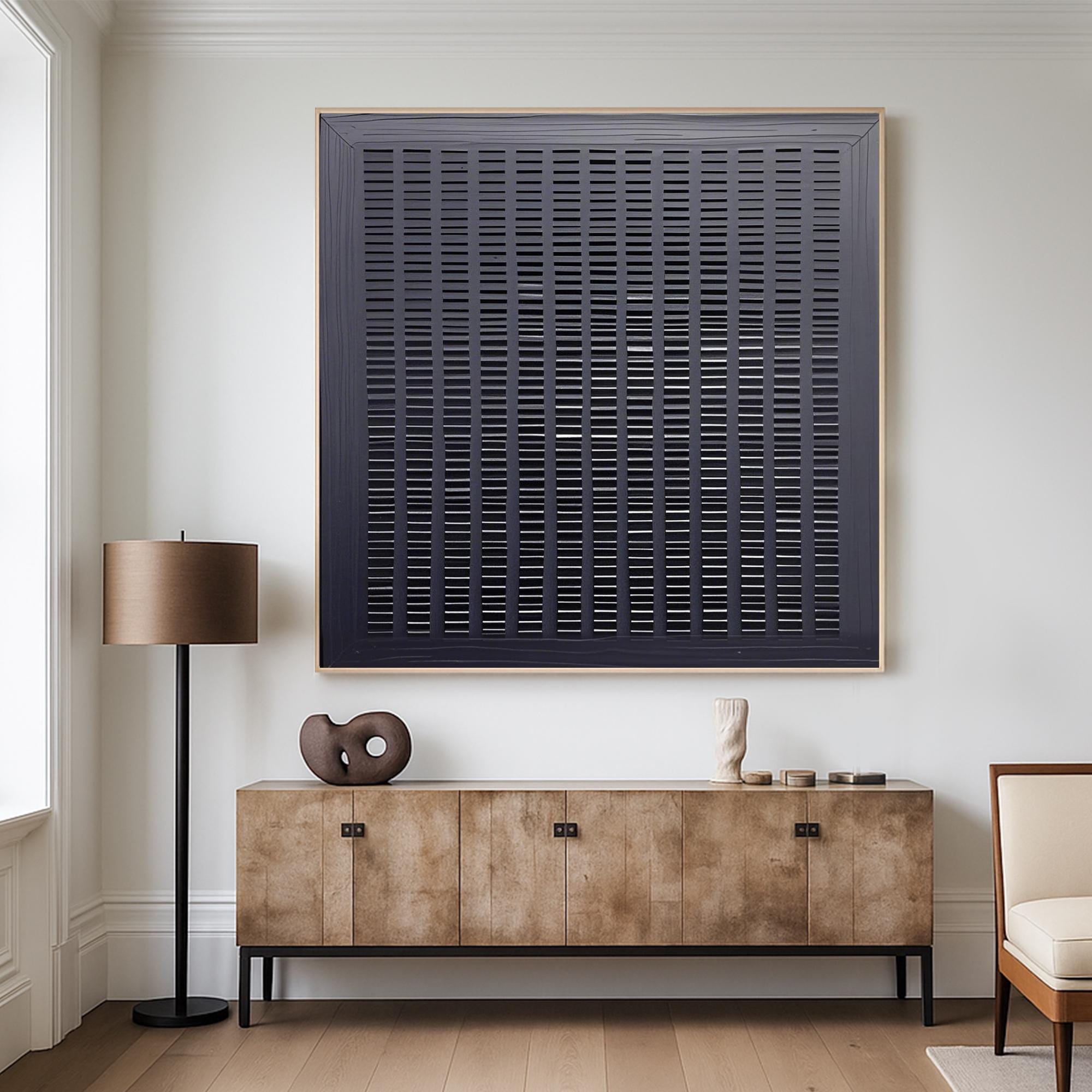 Original Black Abstract Oil Painting on Canvas | Textured Vertical Lines Wall Art | Modern Minimalist Geometric Home Decor for Living Room