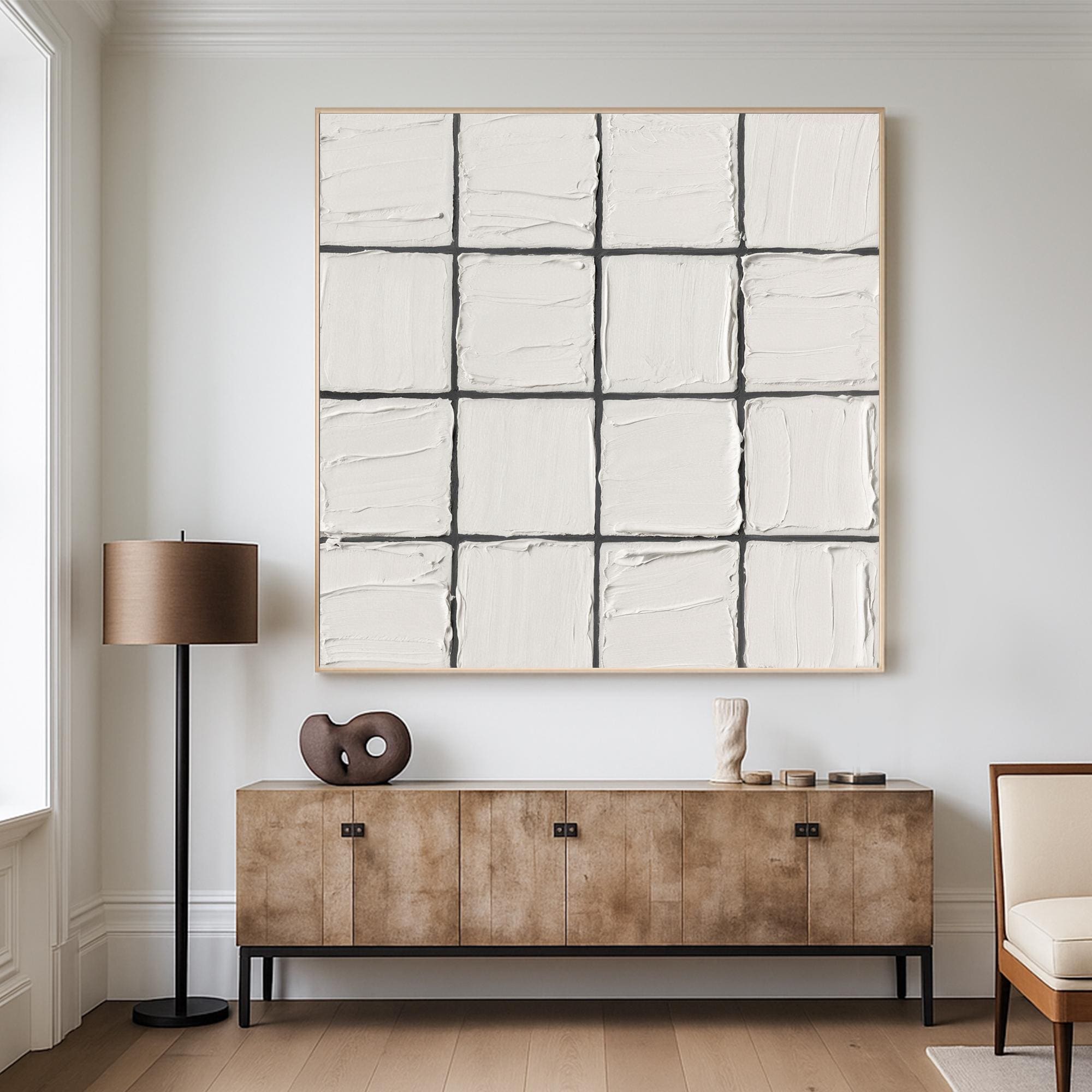 Textured White Square Grid Oil Painting on Canvas Minimal Neutral Wall Art Handcrafted Modern Abstract Artwork for Scandinavian Interiors