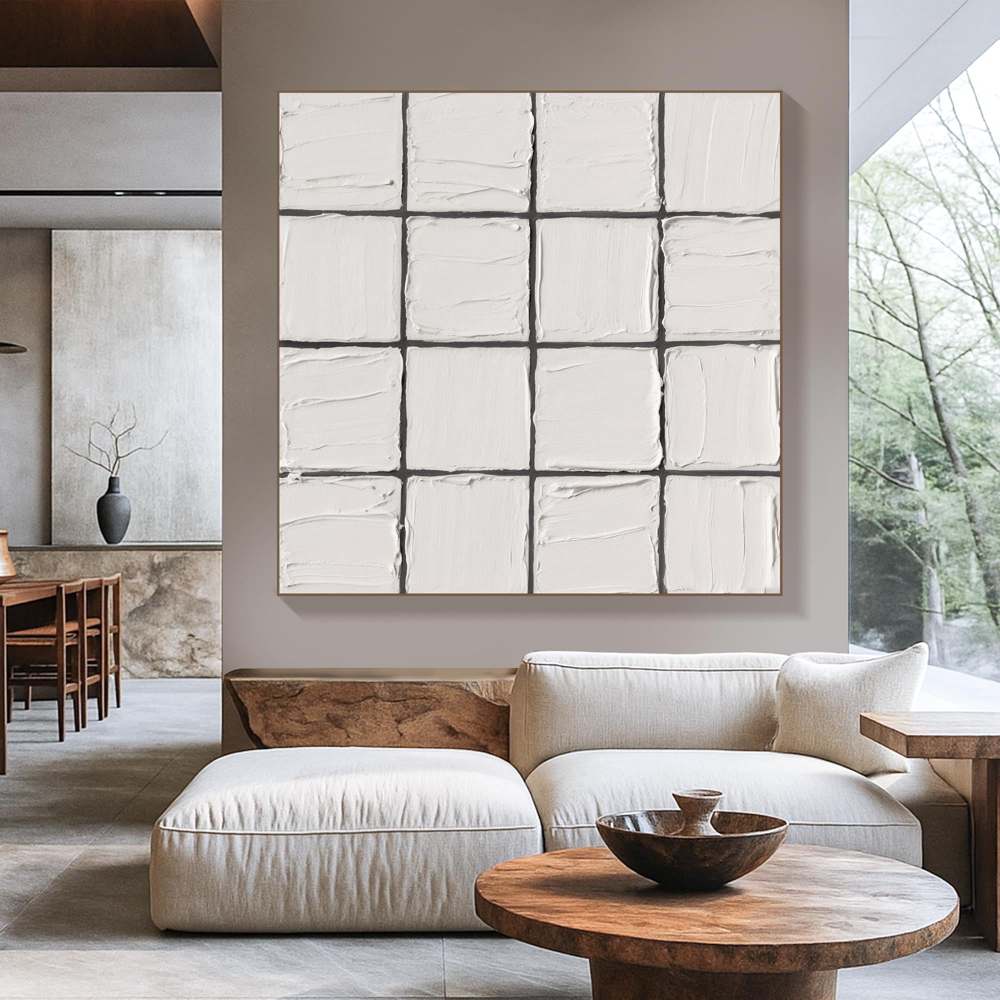 Textured White Square Grid Oil Painting on Canvas Minimal Neutral Wall Art Handcrafted Modern Abstract Artwork for Scandinavian Interiors