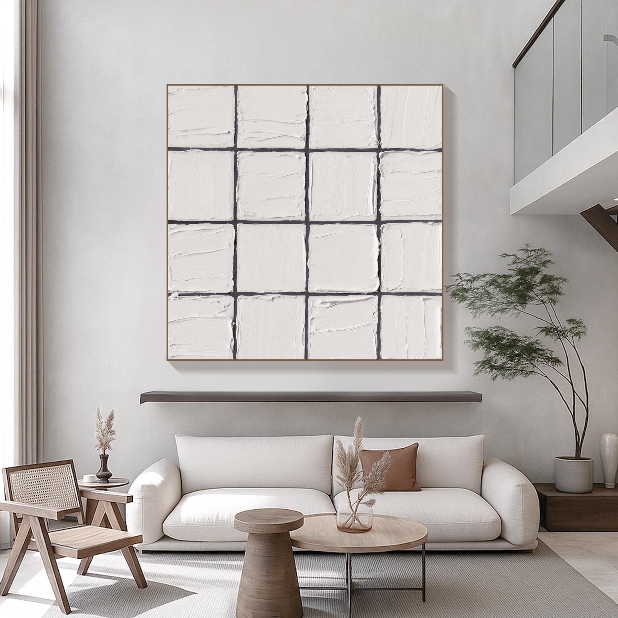 Textured White Square Grid Oil Painting on Canvas Minimal Neutral Wall Art Handcrafted Modern Abstract Artwork for Scandinavian Interiors