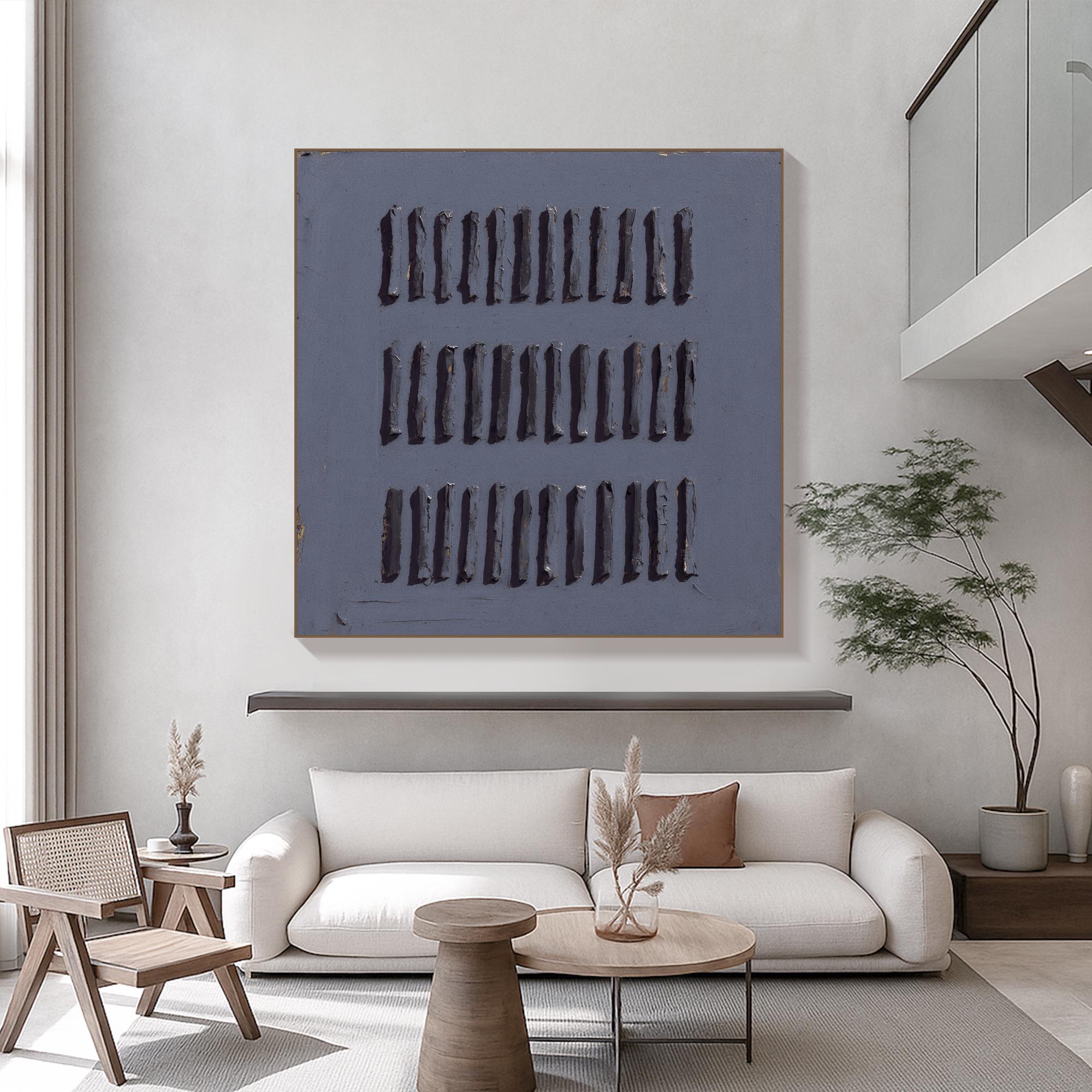 Handmade Blue Textured Abstract Oil Painting | Vertical Stroke Relief Canvas Art | Modern Deep Tone Minimalist Wall Decor for Art Lovers