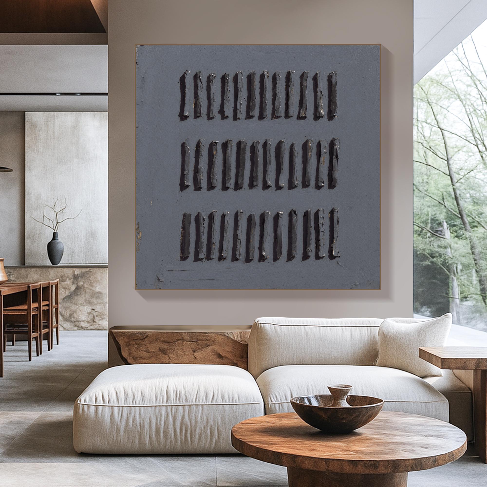 Handmade Blue Textured Abstract Oil Painting | Vertical Stroke Relief Canvas Art | Modern Deep Tone Minimalist Wall Decor for Art Lovers