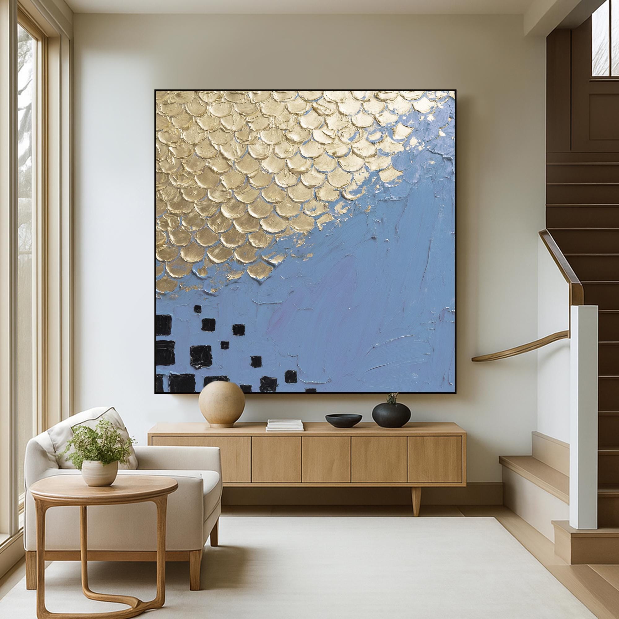 Original Blue and Gold Textured Oil Painting Handcrafted Metallic Fish Scale Abstract Art Modern Square Canvas Wall Decor with Bold Contrast