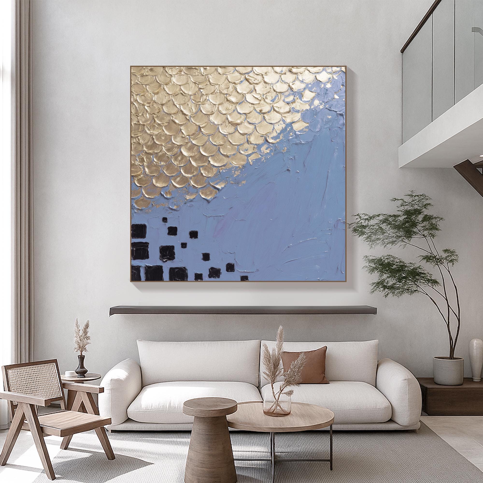 Original Blue and Gold Textured Oil Painting Handcrafted Metallic Fish Scale Abstract Art Modern Square Canvas Wall Decor with Bold Contrast