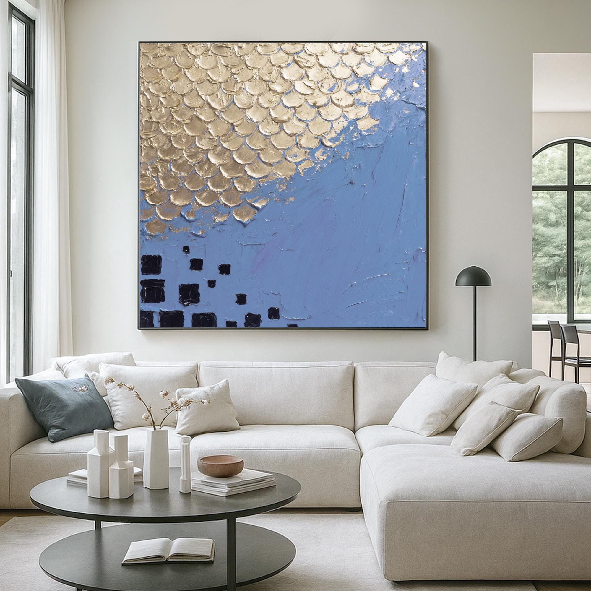 Original Blue and Gold Textured Oil Painting Handcrafted Metallic Fish Scale Abstract Art Modern Square Canvas Wall Decor with Bold Contrast