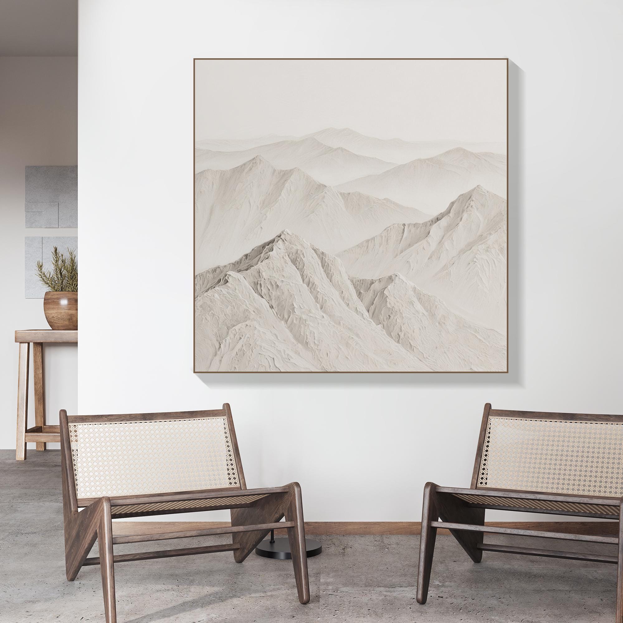 Original Hand Painted Mountain Landscape Oil Painting Neutral Toned Textured Wall Art Serene Misty Ridge Canvas for Modern Minimalist Decor