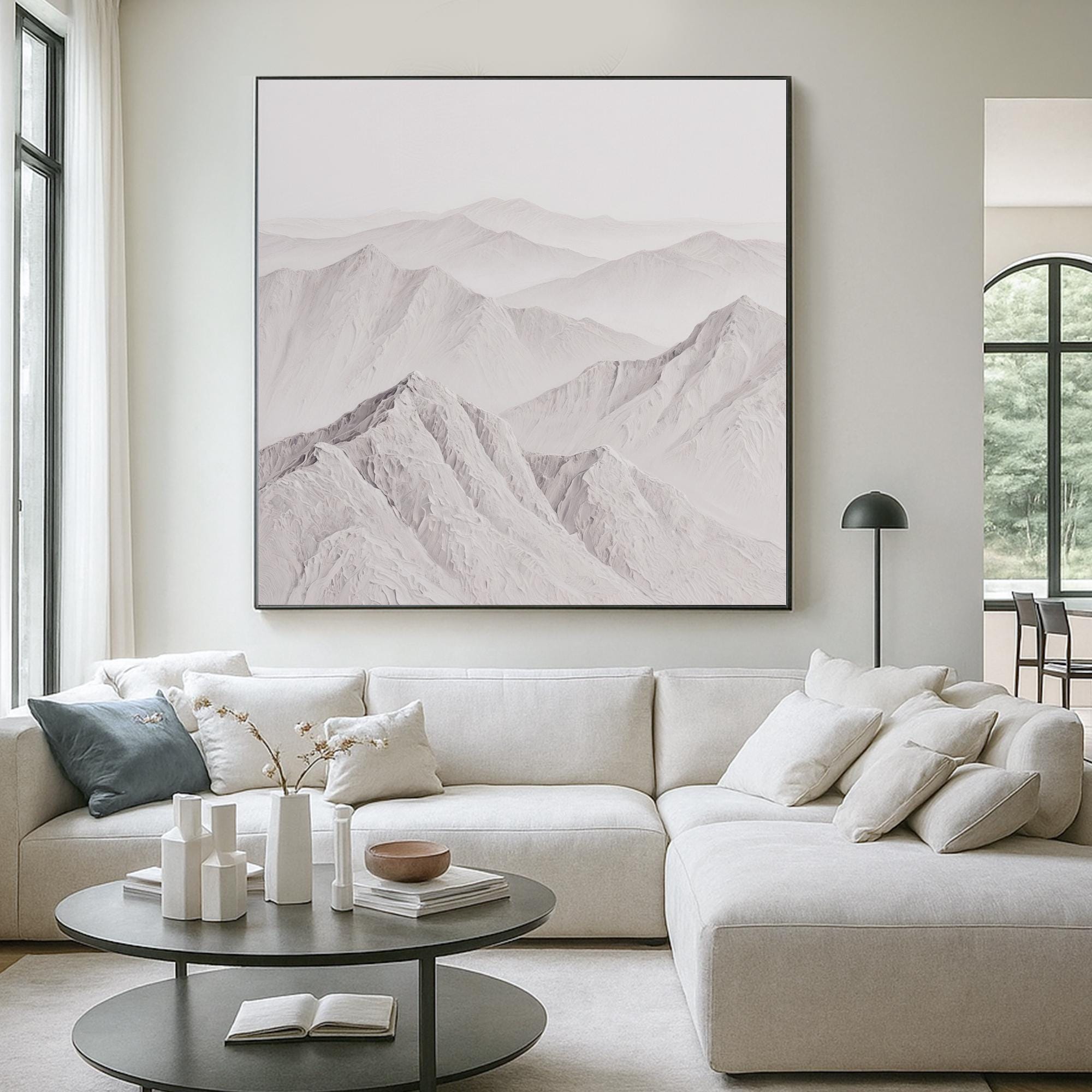 Original Hand Painted Mountain Landscape Oil Painting Neutral Toned Textured Wall Art Serene Misty Ridge Canvas for Modern Minimalist Decor