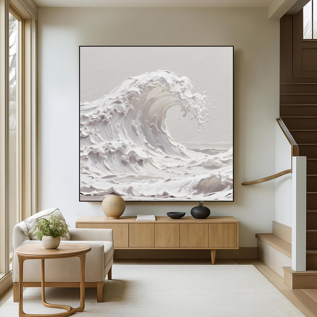 a large, curling wave with a white, foamy texture, creating a sense of movement and power.