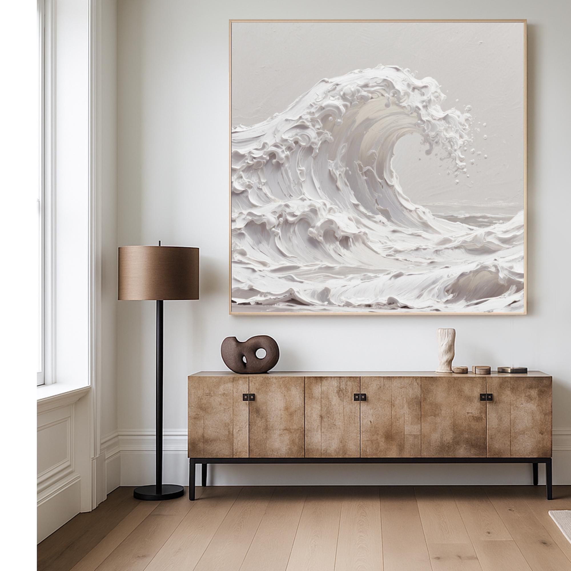 Textured Ocean Wave Oil Painting on Canvas Neutral Palette Knife Seascape Wall Art Handmade Coastal Minimal Decor for Calm Interiors