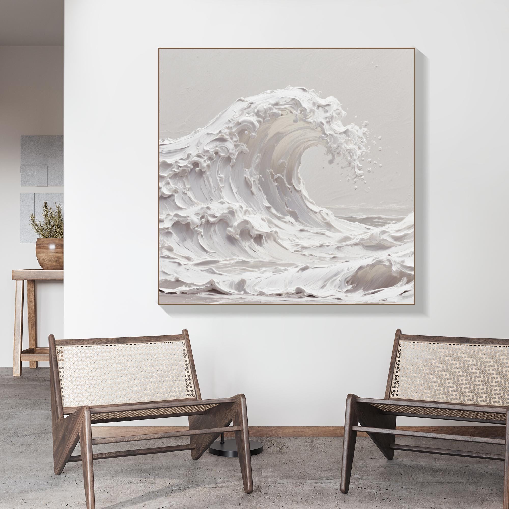 Textured Ocean Wave Oil Painting on Canvas Neutral Palette Knife Seascape Wall Art Handmade Coastal Minimal Decor for Calm Interiors