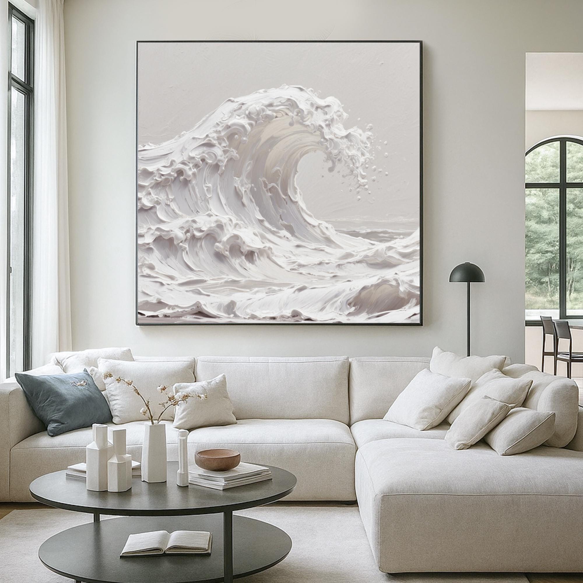 Textured Ocean Wave Oil Painting on Canvas Neutral Palette Knife Seascape Wall Art Handmade Coastal Minimal Decor for Calm Interiors