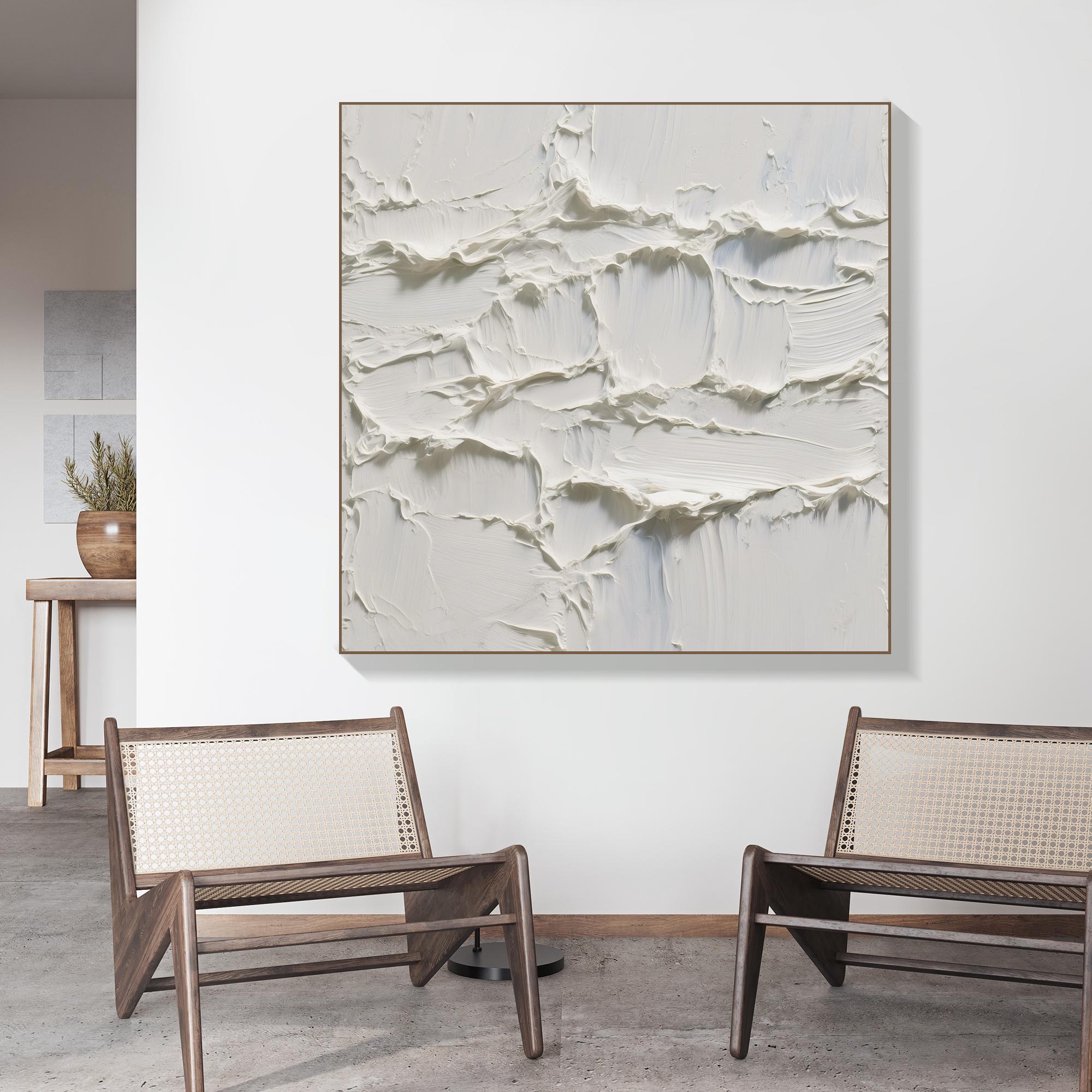 Original White Textured Abstract Oil Painting Handcrafted Thick Palette Knife Wall Art Minimal Neutral Canvas for Modern Organic Interiors