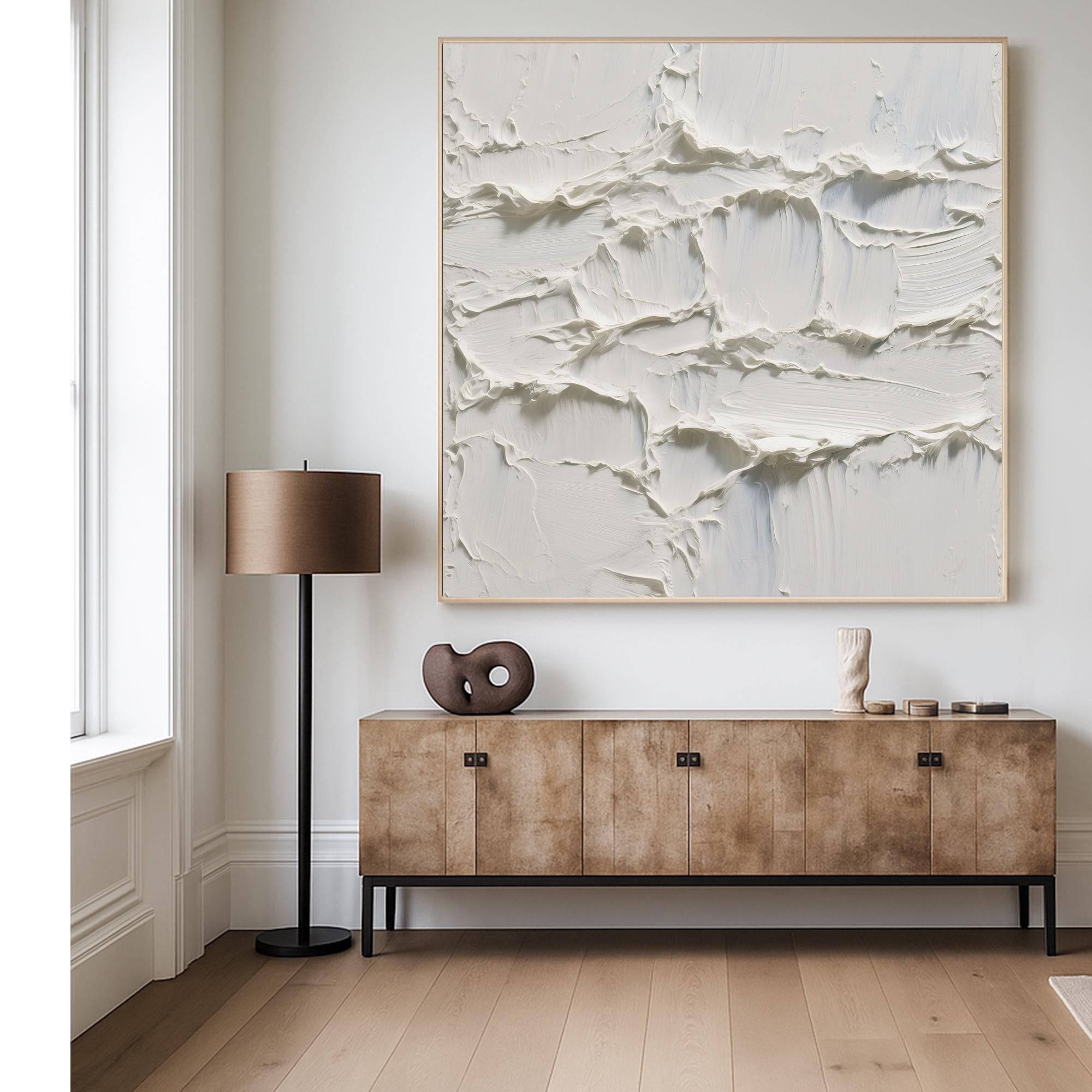 Original White Textured Abstract Oil Painting Handcrafted Thick Palette Knife Wall Art Minimal Neutral Canvas for Modern Organic Interiors