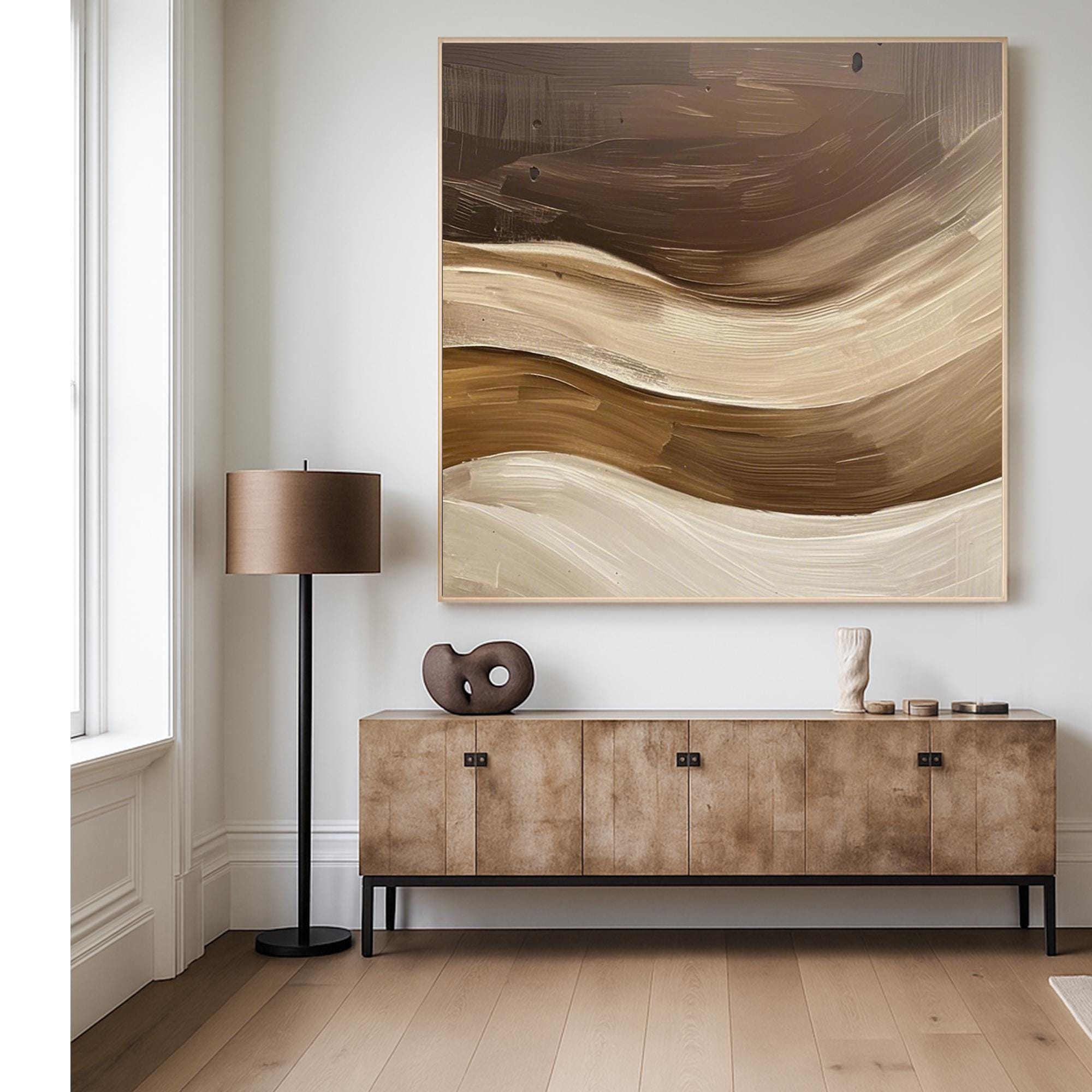 Original Brown Beige Abstract Oil Painting Handcrafted Earth Tone Flow Wall Art Neutral Minimalist Canvas for Organic Modern Home Interiors