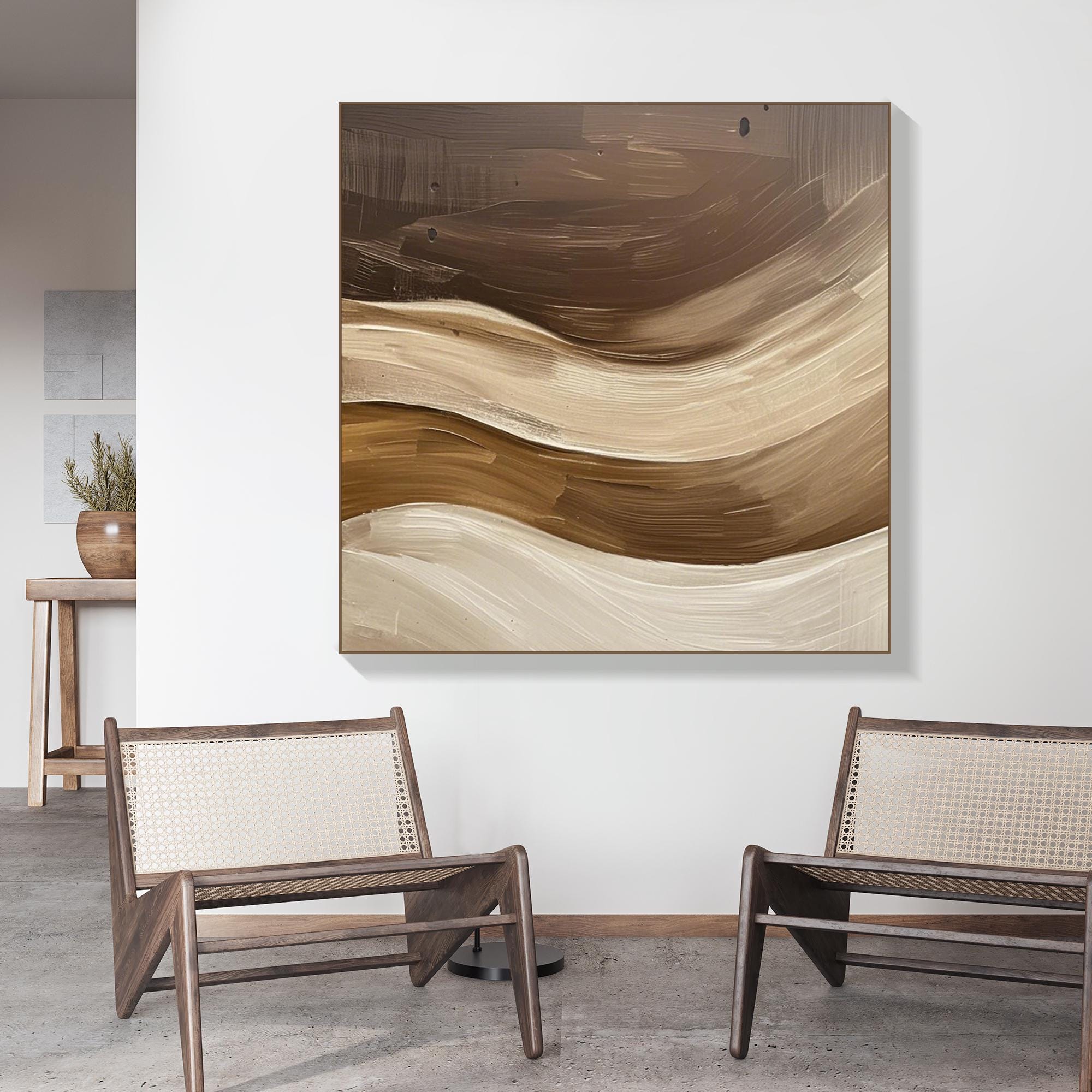 Original Brown Beige Abstract Oil Painting Handcrafted Earth Tone Flow Wall Art Neutral Minimalist Canvas for Organic Modern Home Interiors