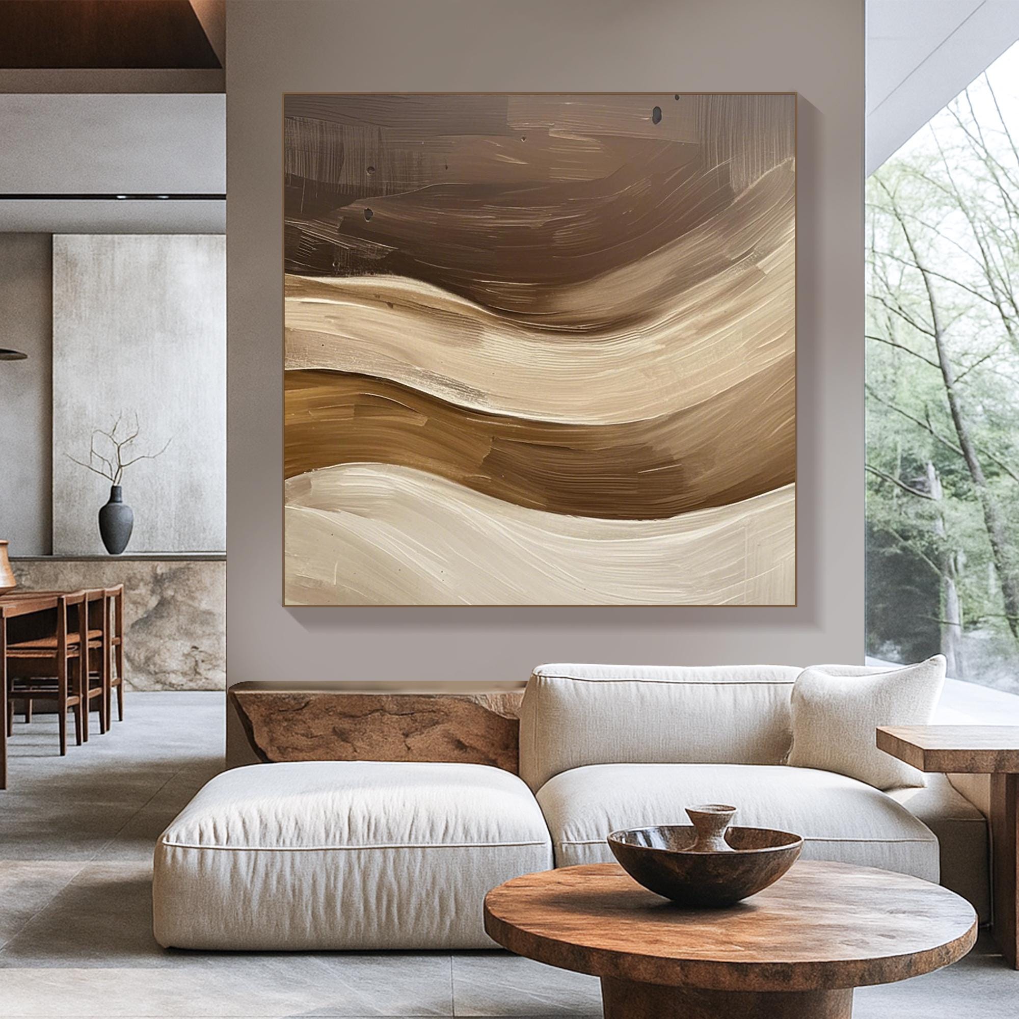 Original Brown Beige Abstract Oil Painting Handcrafted Earth Tone Flow Wall Art Neutral Minimalist Canvas for Organic Modern Home Interiors