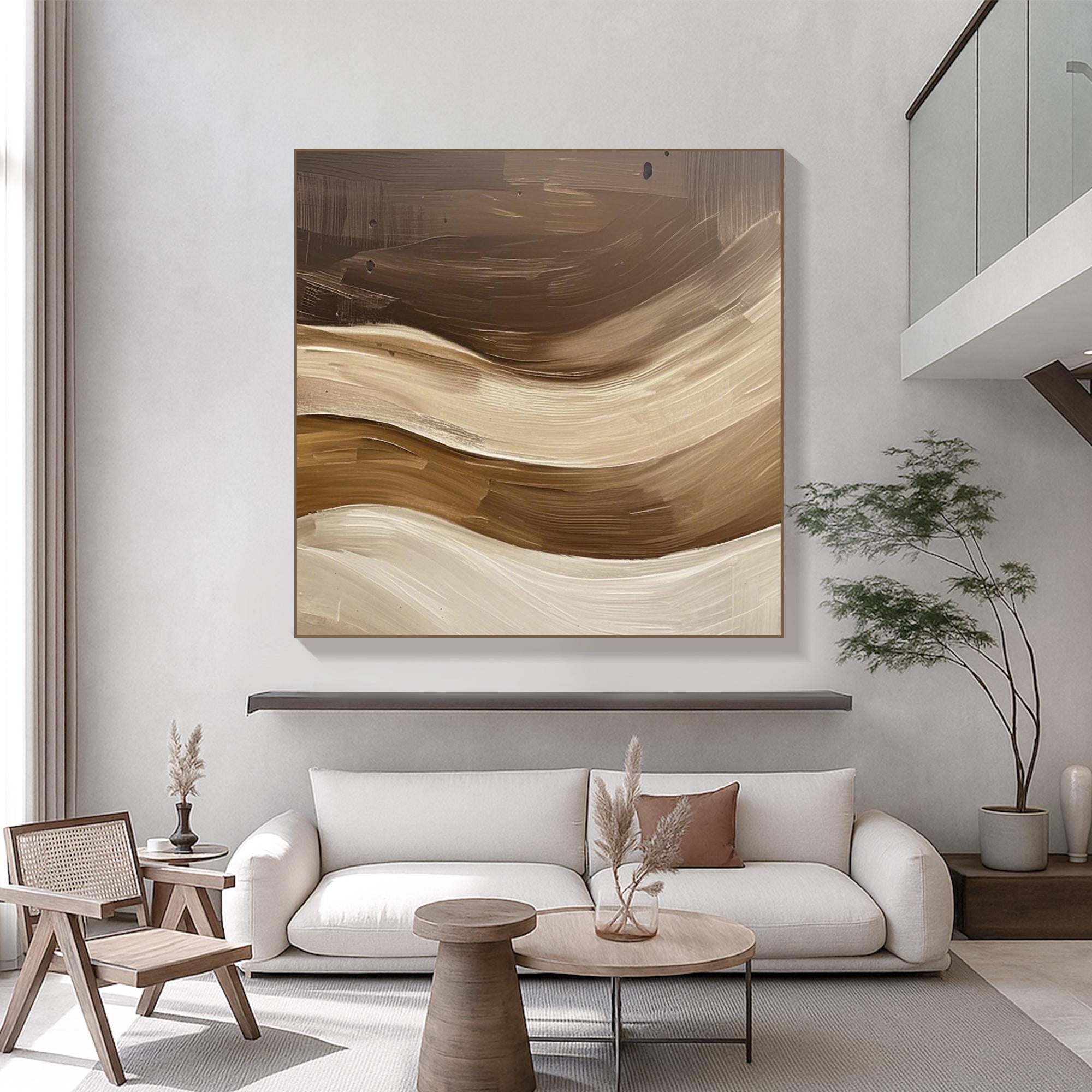 Original Brown Beige Abstract Oil Painting Handcrafted Earth Tone Flow Wall Art Neutral Minimalist Canvas for Organic Modern Home Interiors