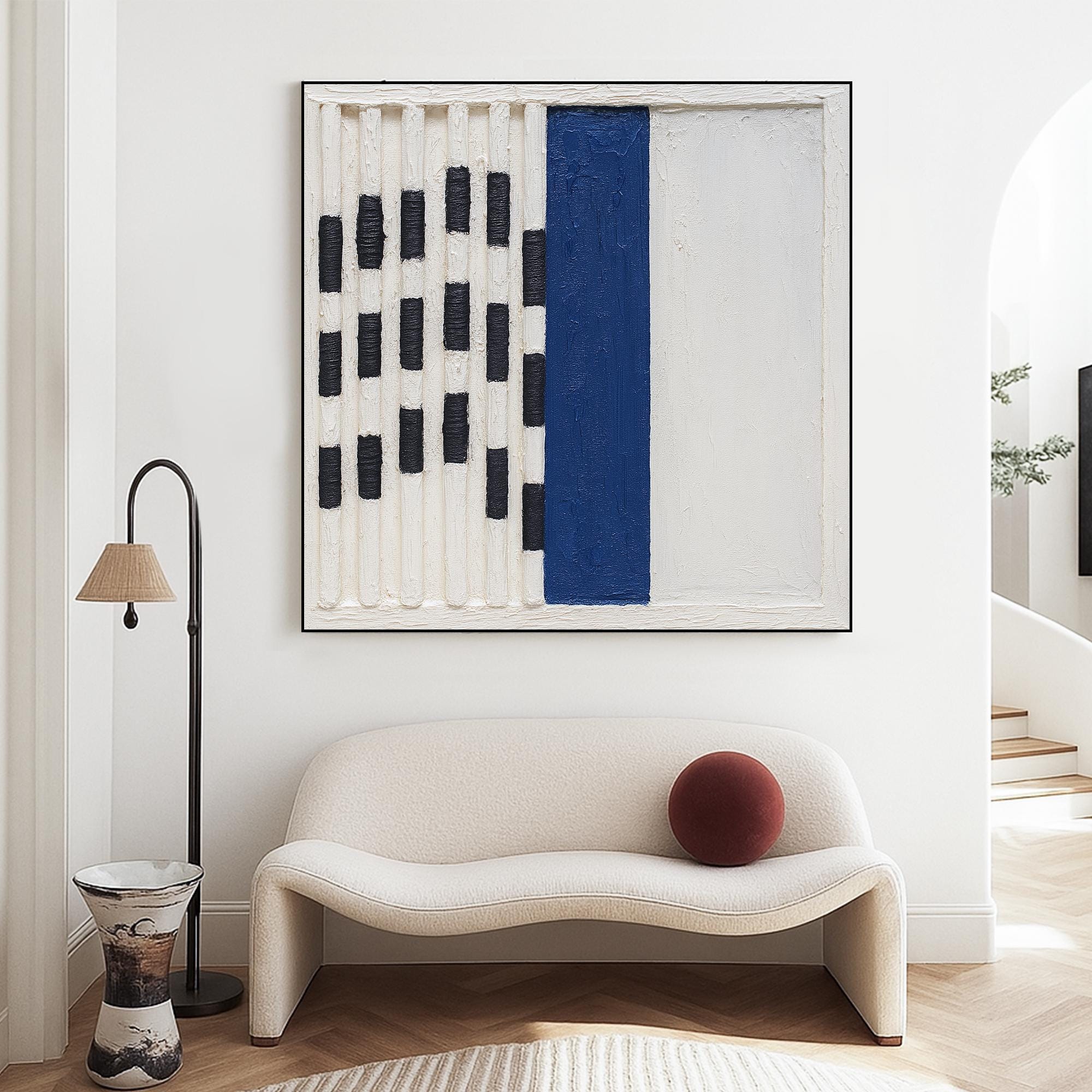 Original Minimal Geometric Abstract Oil Painting Handcrafted Blue Black White Textured Wall Art Modern Linear Canvas for Bold Interior Decor