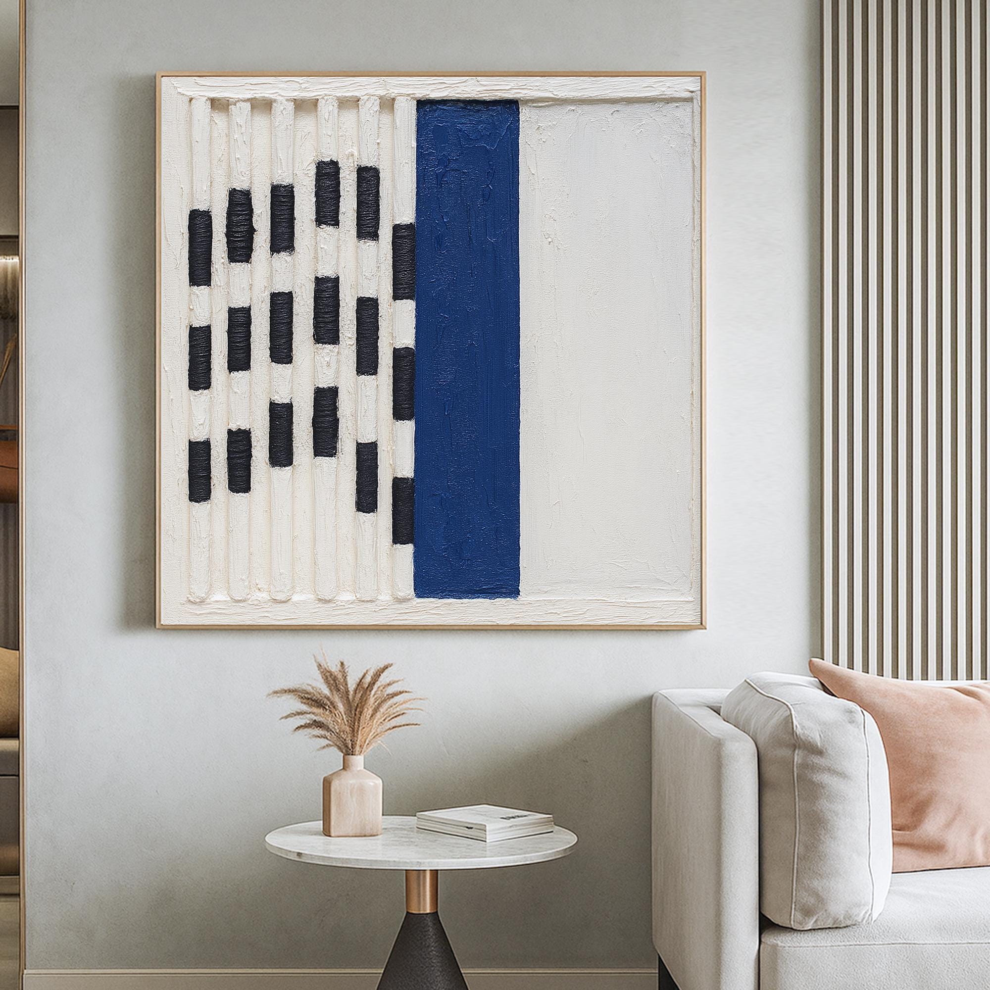 Original Minimal Geometric Abstract Oil Painting Handcrafted Blue Black White Textured Wall Art Modern Linear Canvas for Bold Interior Decor