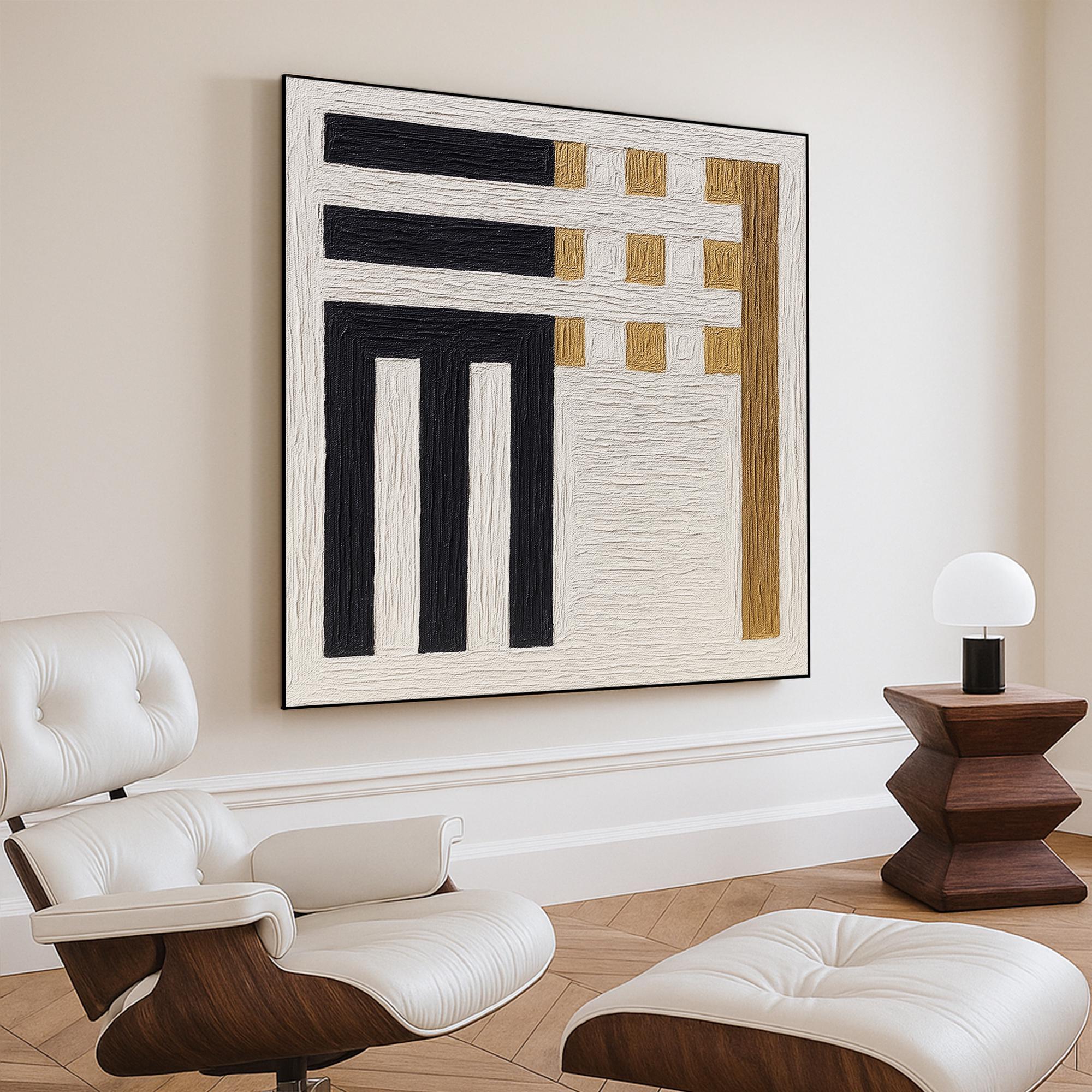 Original Geometric Textured Abstract Oil Painting Black White Gold Minimal Wall Art Handcrafted Modern Canvas for Contemporary Neutral Decor