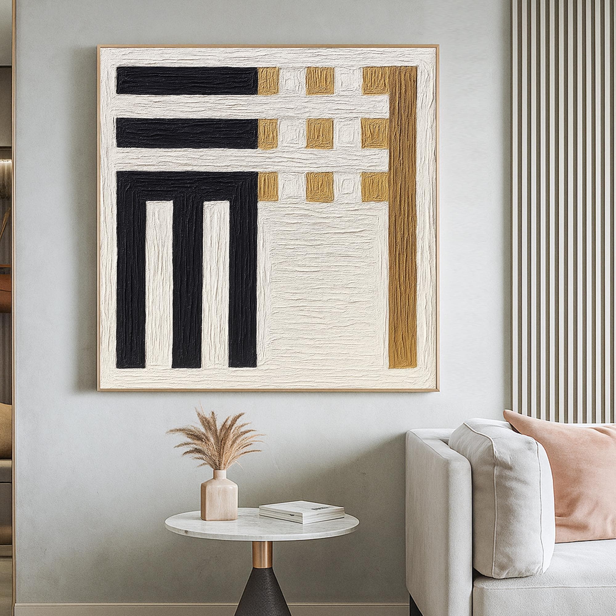 Original Geometric Textured Abstract Oil Painting Black White Gold Minimal Wall Art Handcrafted Modern Canvas for Contemporary Neutral Decor