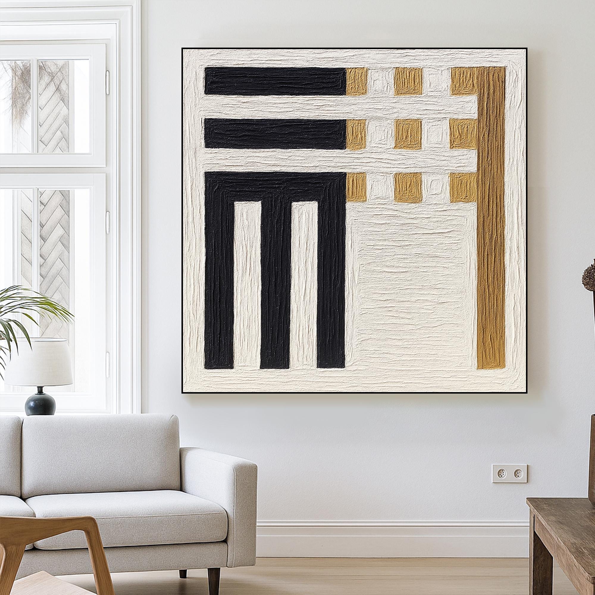 Original Geometric Textured Abstract Oil Painting Black White Gold Minimal Wall Art Handcrafted Modern Canvas for Contemporary Neutral Decor