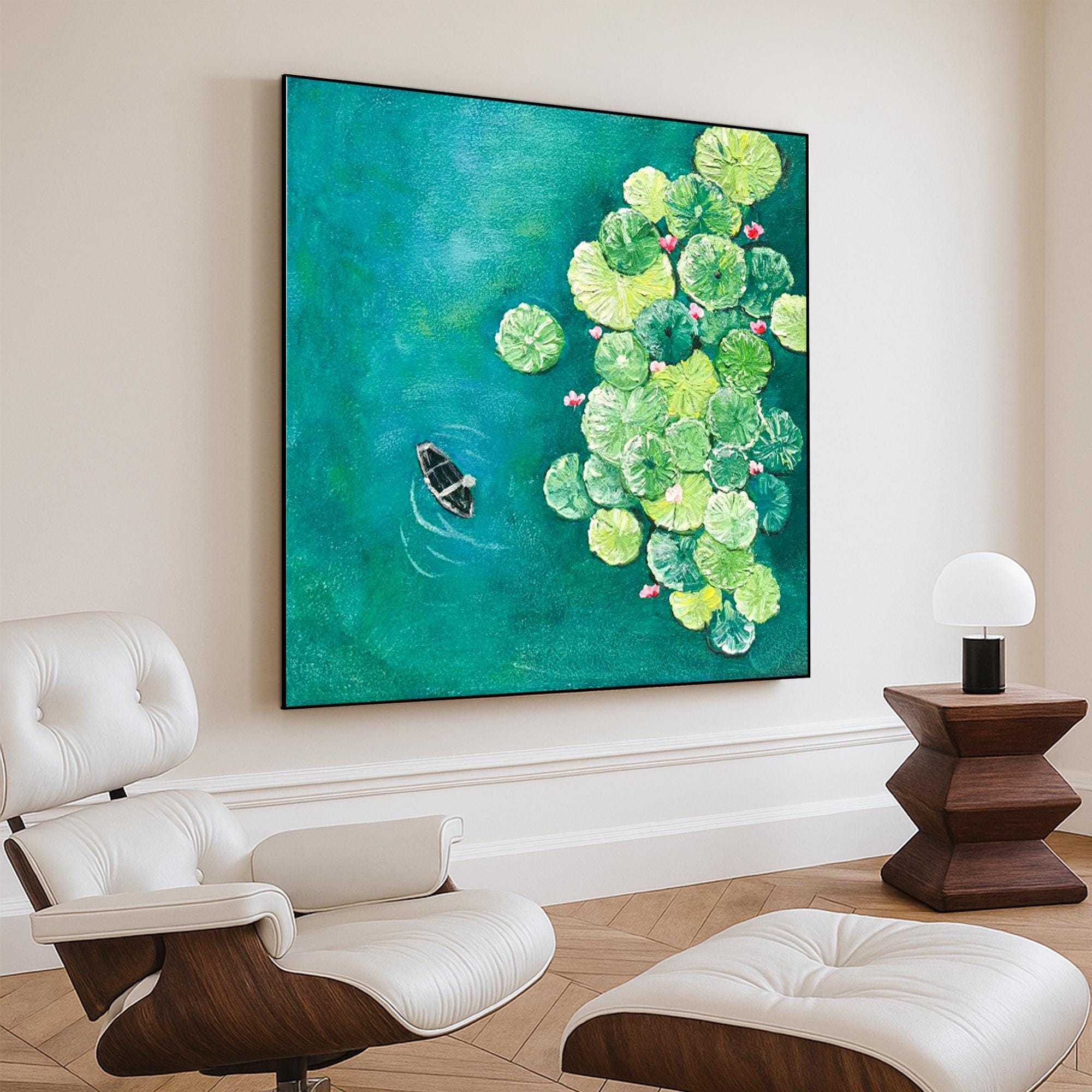 Original Lotus Pond Oil Painting with Boat Hand Painted Textured Green Blue Wall Art Peaceful Water Lily Canvas for Nature Inspired Decor