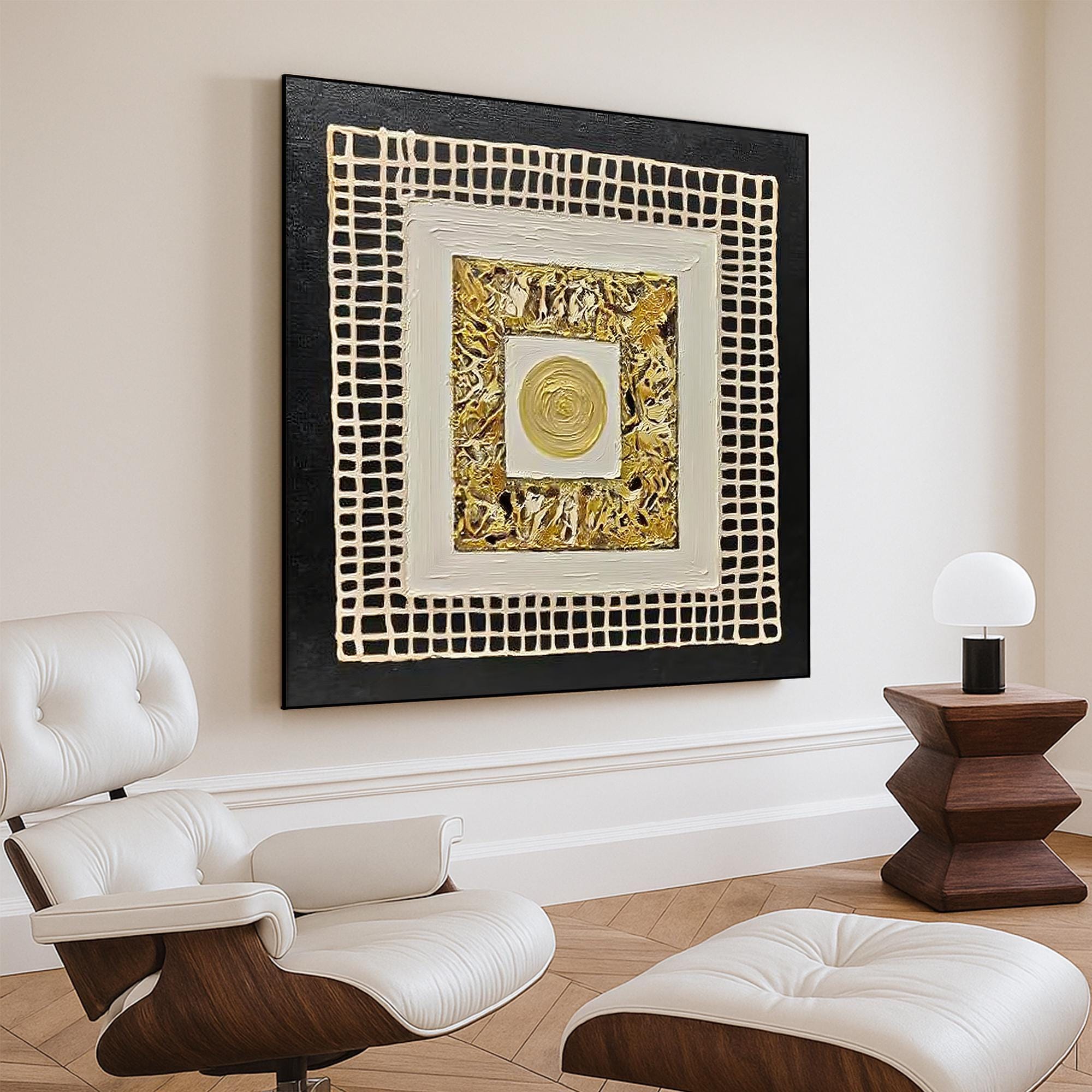 Original Gold Black Textured Abstract Oil Painting Handcrafted Metallic Geometric Wall Art Square Relief Canvas for Luxe Modern Interiors