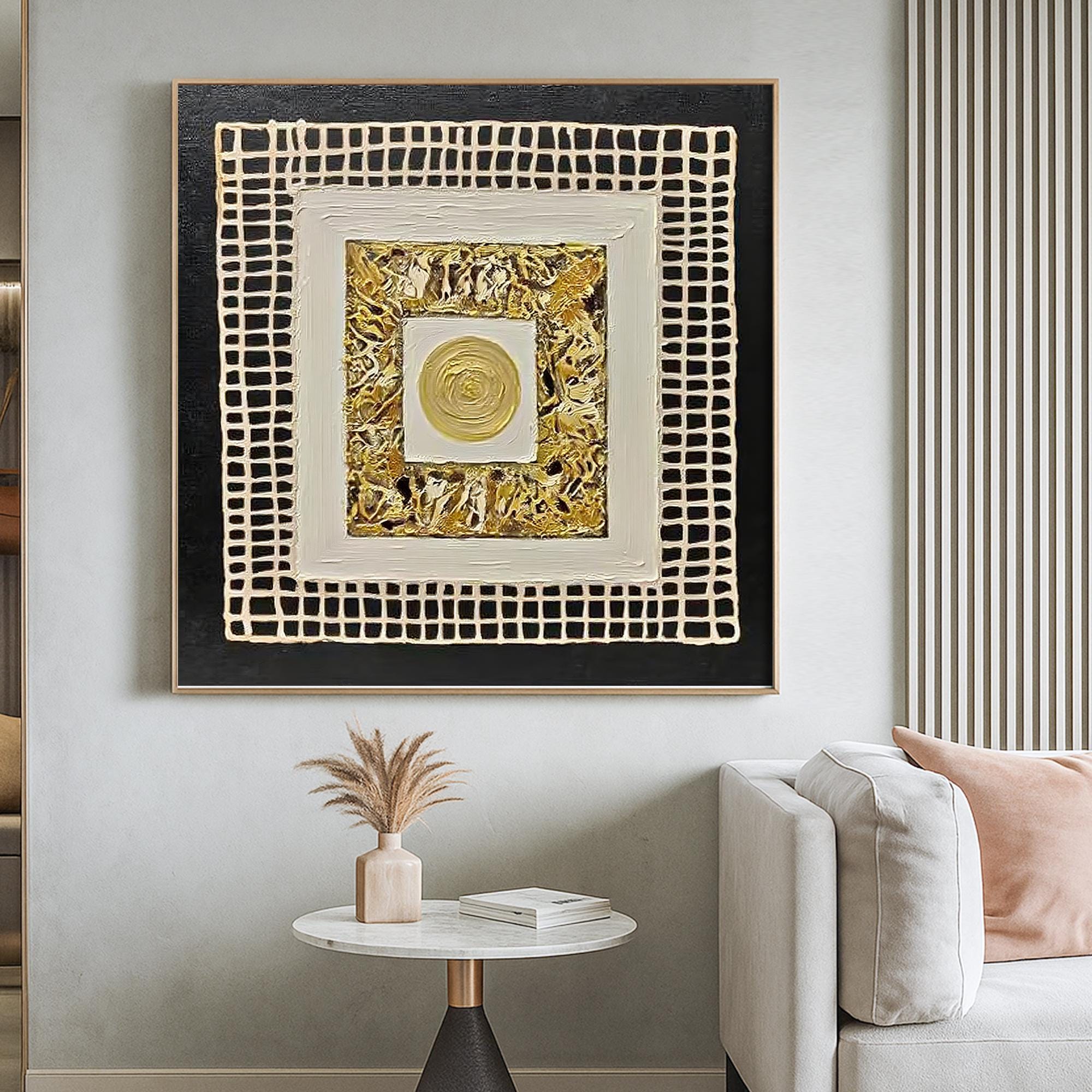 Original Gold Black Textured Abstract Oil Painting Handcrafted Metallic Geometric Wall Art Square Relief Canvas for Luxe Modern Interiors