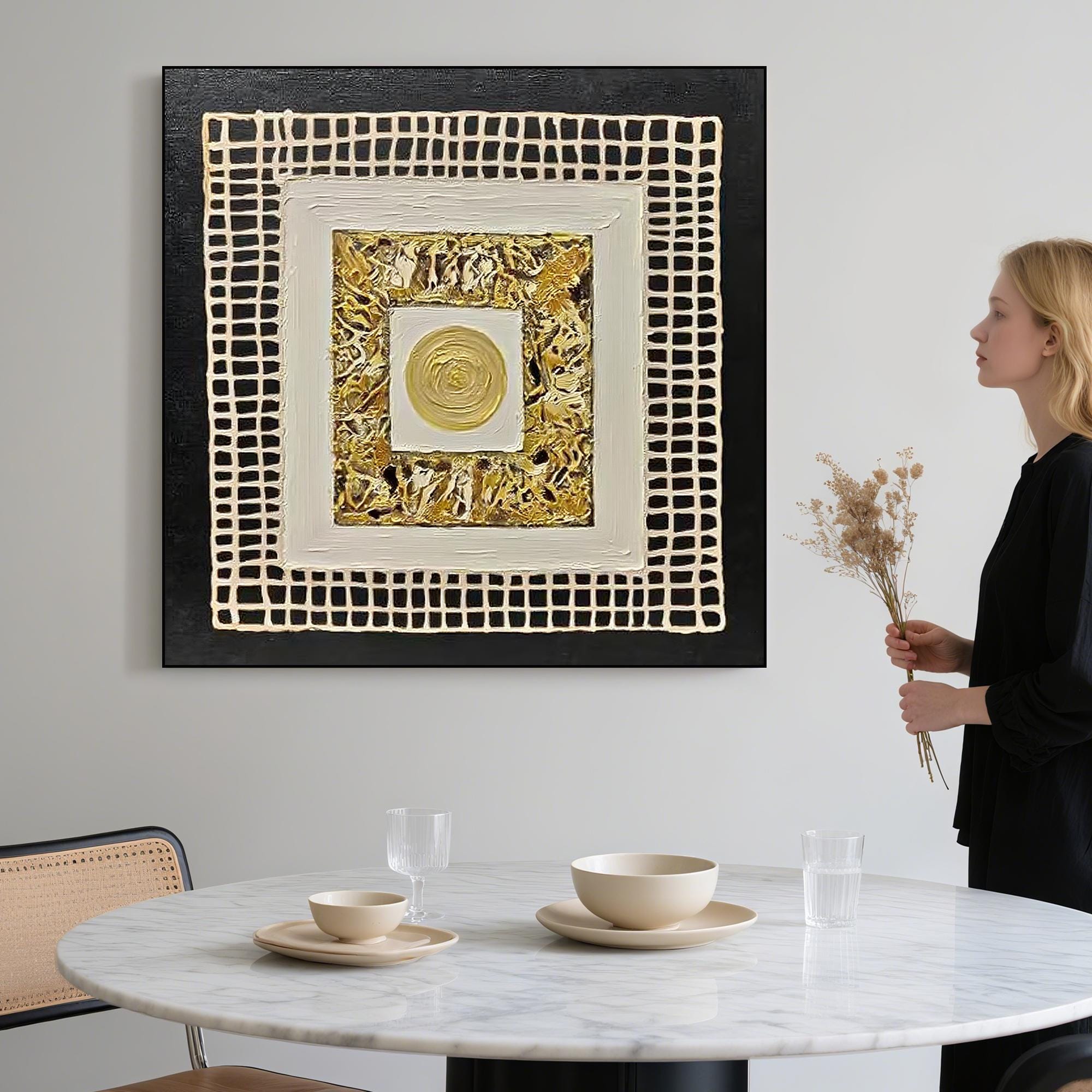 Original Gold Black Textured Abstract Oil Painting Handcrafted Metallic Geometric Wall Art Square Relief Canvas for Luxe Modern Interiors