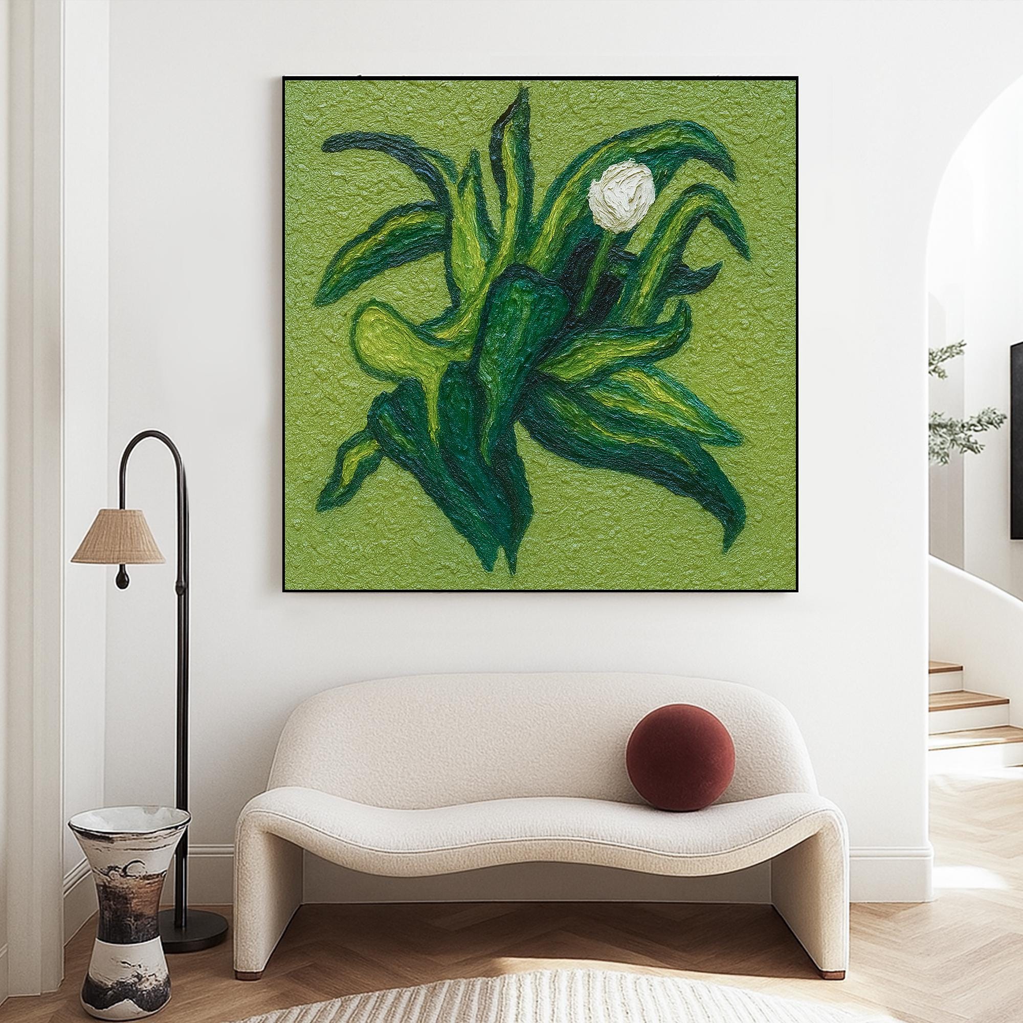 Original Green Botanical Textured Oil Painting Handcrafted Abstract Leaf and Bud Wall ArtNature Inspired Relief Canvas for Organic Interiors