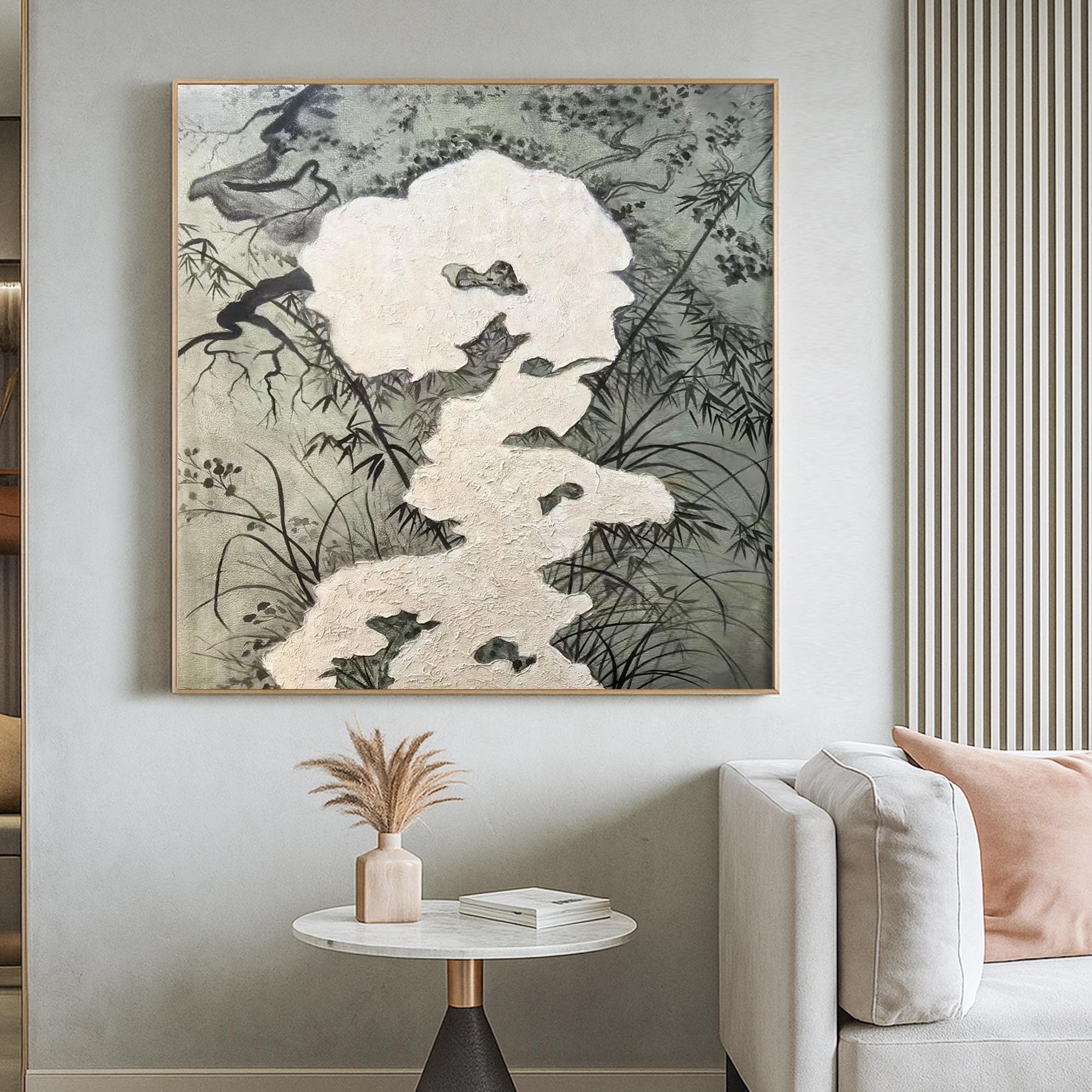 Zen Ink Style Textured Oil Painting Handcrafted Minimal Landscape Canvas Art Wabi Sabi Botanical Wall Decor with Natural Relief Detail