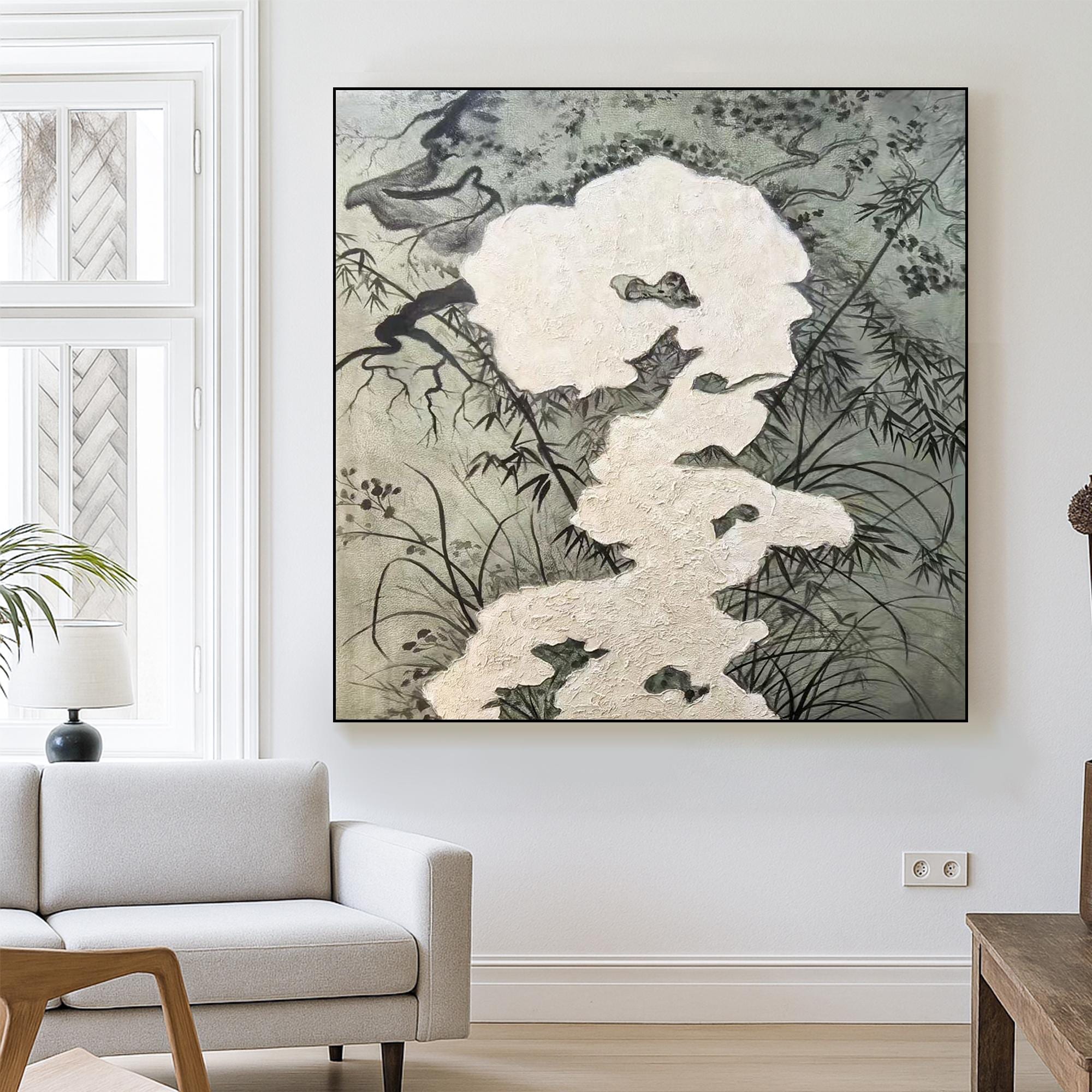 Zen Ink Style Textured Oil Painting Handcrafted Minimal Landscape Canvas Art Wabi Sabi Botanical Wall Decor with Natural Relief Detail