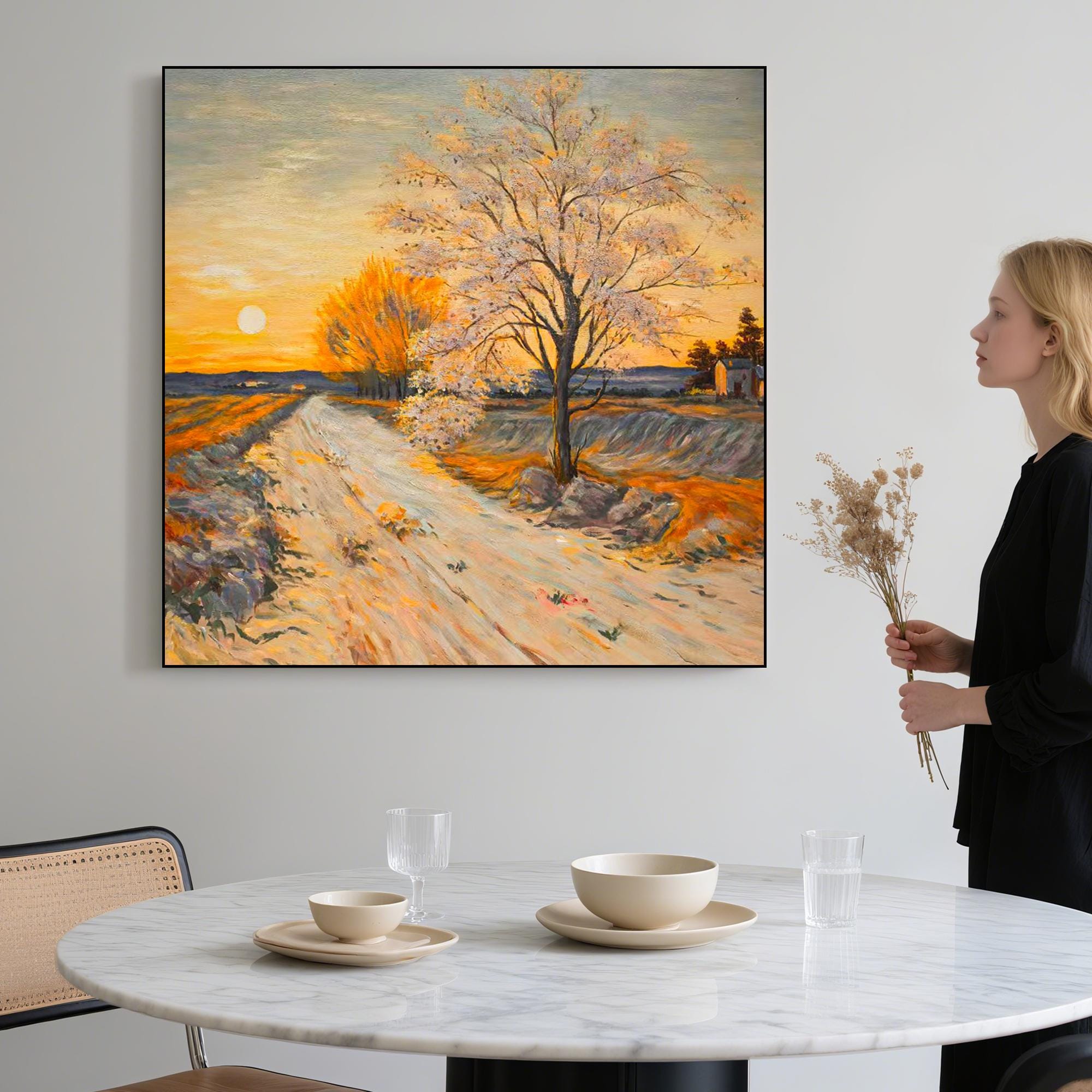 Original Sunset Landscape Oil Painting Hand Painted Golden Tree Road Scene Wall Art Warm Autumn Path Canvas for Rustic Nature Inspired Decor