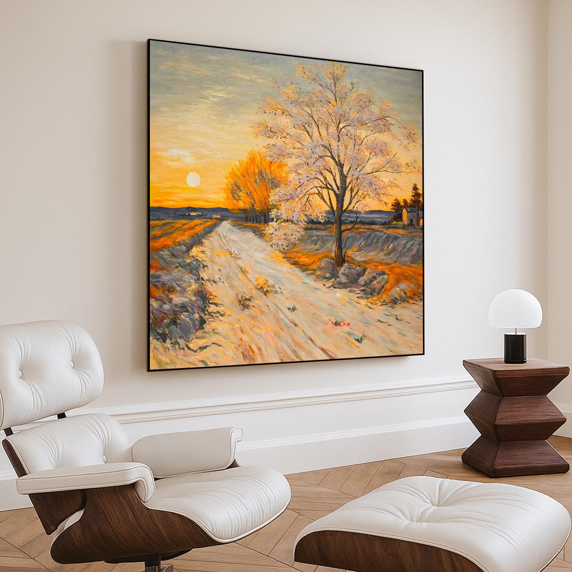 Original Sunset Landscape Oil Painting Hand Painted Golden Tree Road Scene Wall Art Warm Autumn Path Canvas for Rustic Nature Inspired Decor
