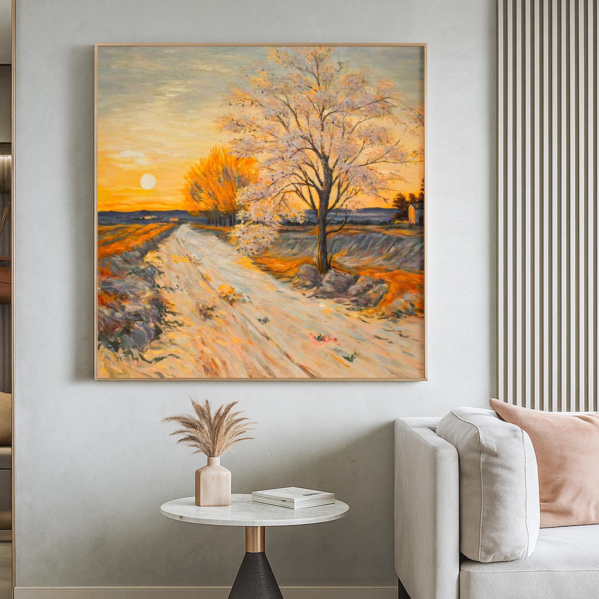Original Sunset Landscape Oil Painting Hand Painted Golden Tree Road Scene Wall Art Warm Autumn Path Canvas for Rustic Nature Inspired Decor