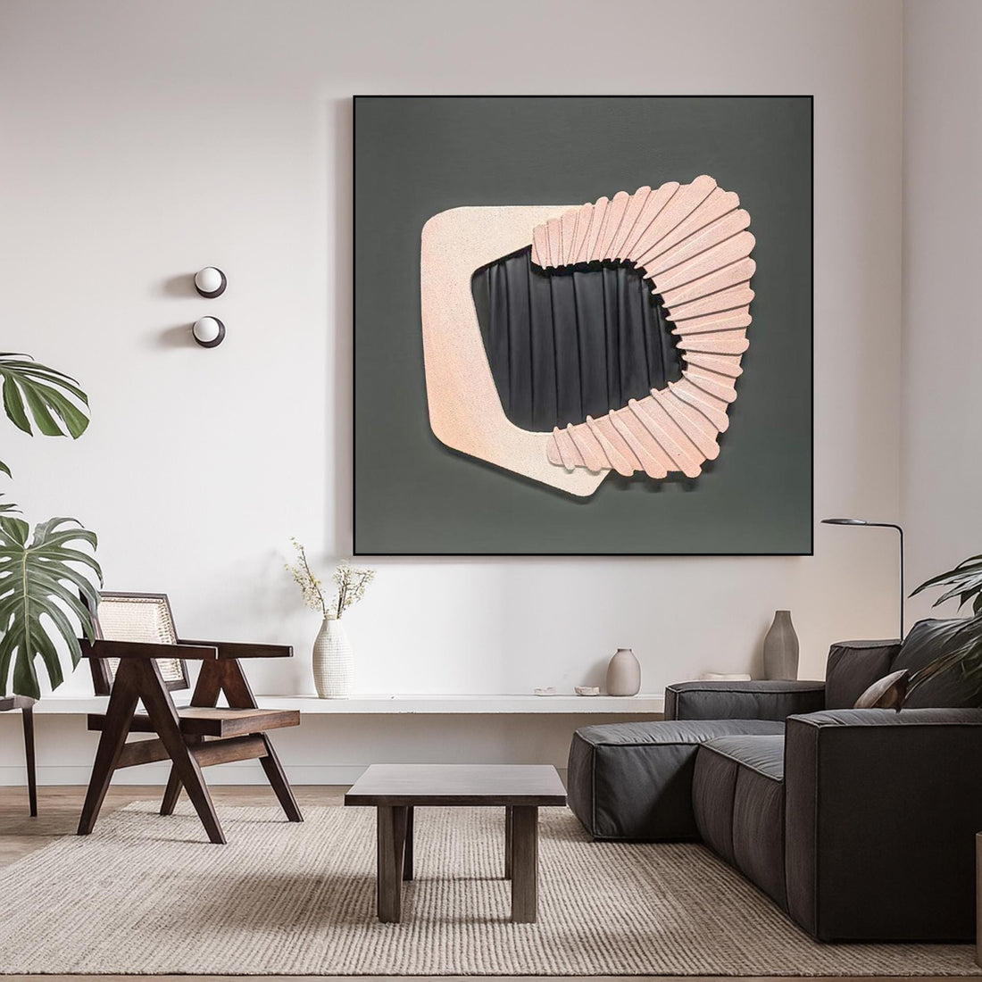 The image is a square-shaped abstract artwork with a black background and a pink, fan-like design on the right side.