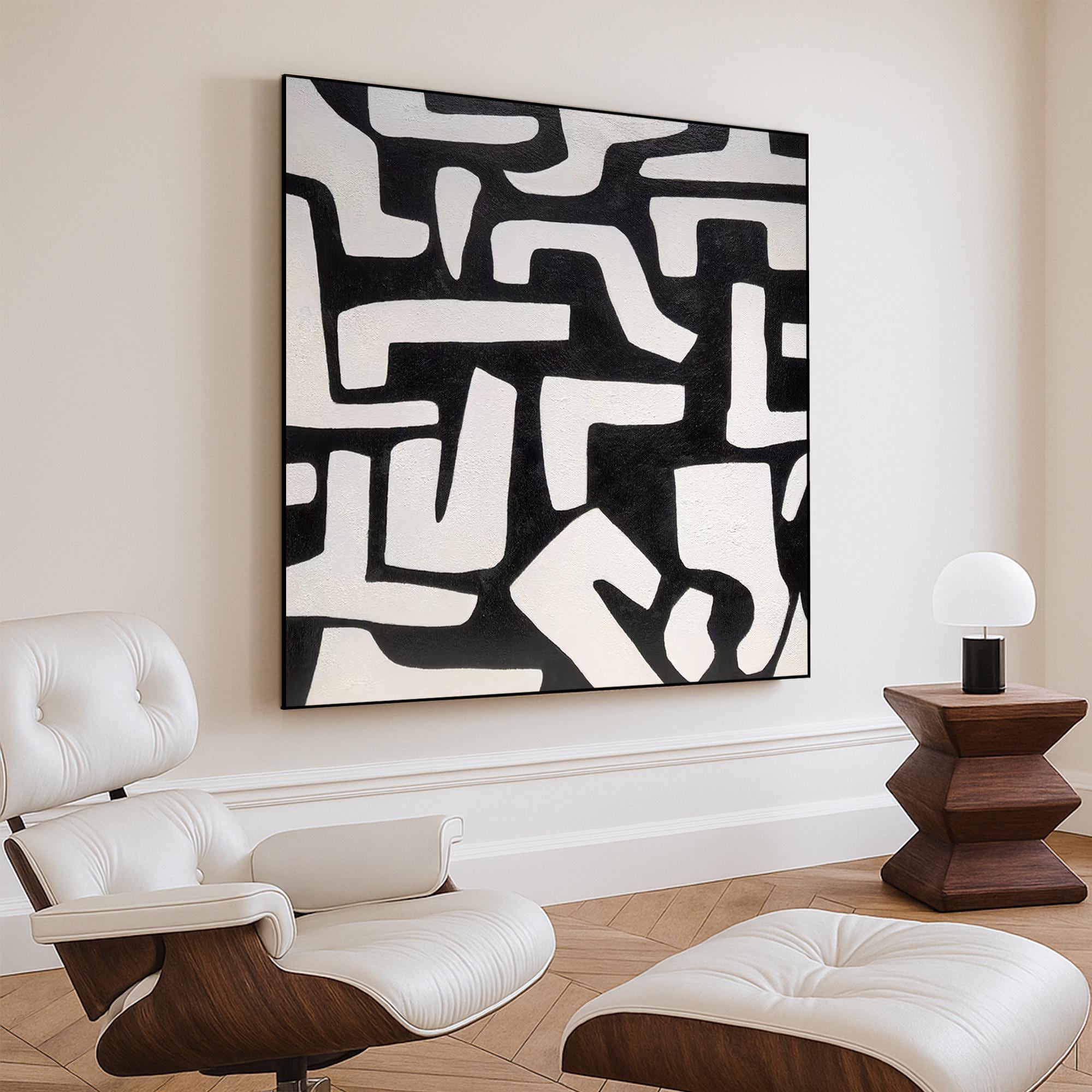 Original Black and White Abstract Geometric Wall Art Hand Painted Modern Minimalist Canvas |Monochrome Texture Art for Contemporary Decor