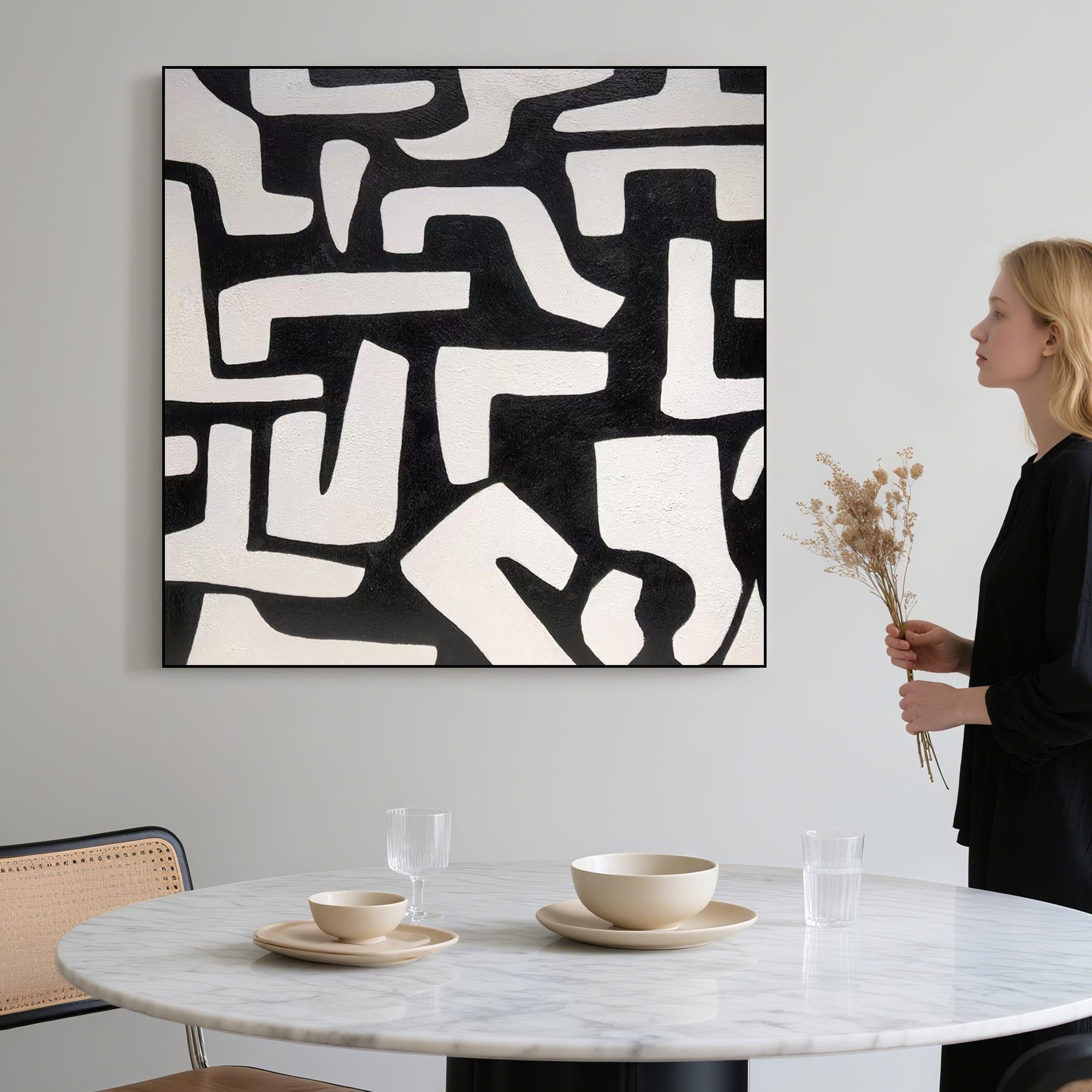 Original Black and White Abstract Geometric Wall Art Hand Painted Modern Minimalist Canvas |Monochrome Texture Art for Contemporary Decor
