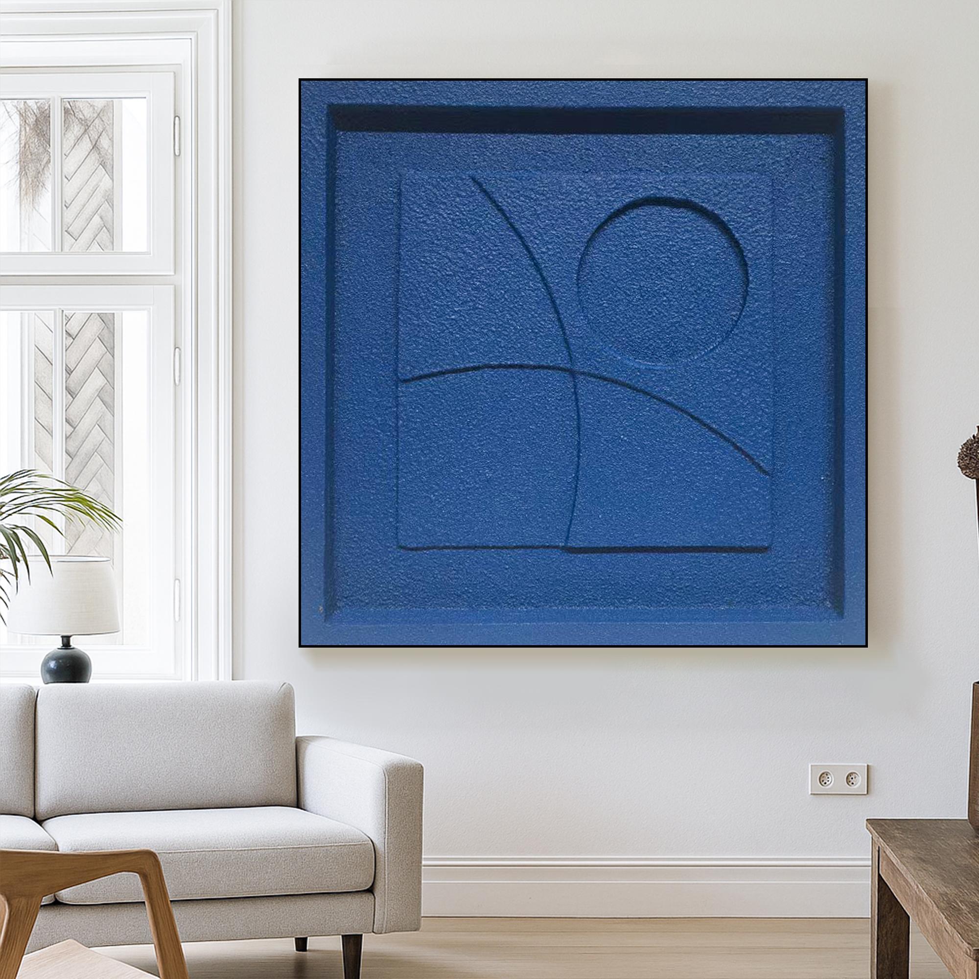 Minimalist Blue Textured Geometric Wall Art | Original Monochrome Relief Painting on Canvas | Handmade Modern Abstract Square Decor