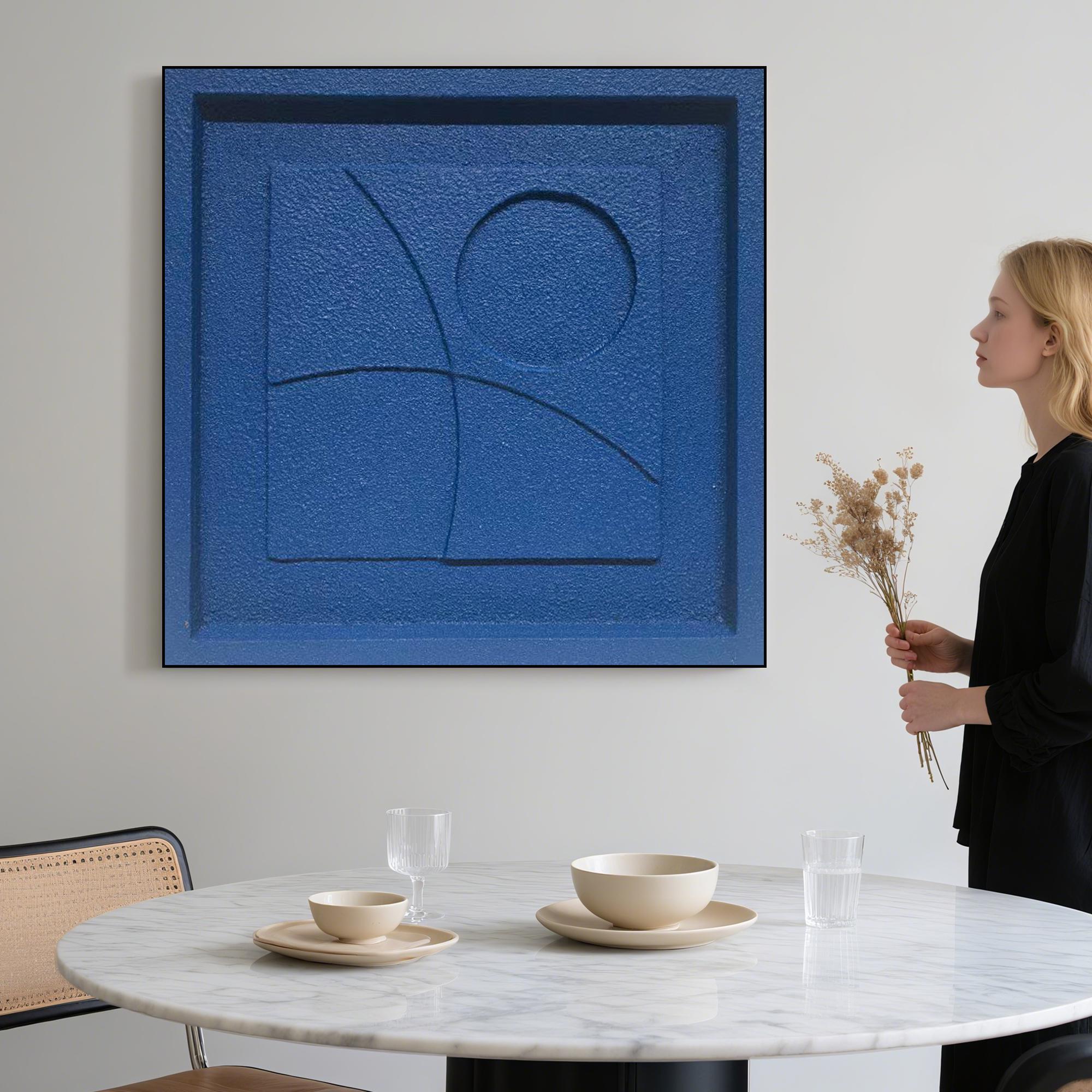 Minimalist Blue Textured Geometric Wall Art | Original Monochrome Relief Painting on Canvas | Handmade Modern Abstract Square Decor