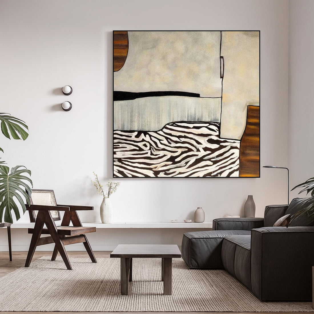 The image is a square-shaped abstract artwork with a textured, metallic appearance. The artwork features a repeating pattern of lines and curves, creating a sense of movement and depth.