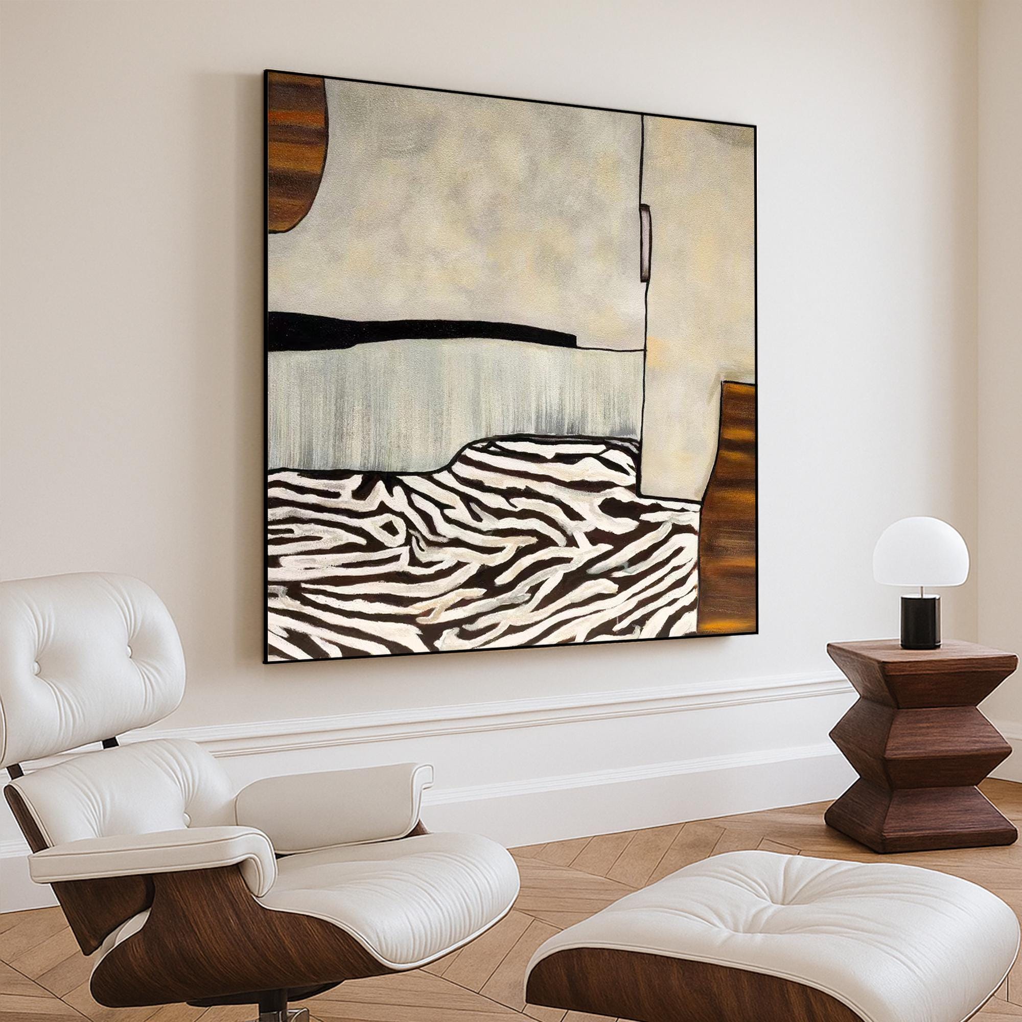 Neutral Abstract Zebra Texture Oil Painting | Original Hand Painted Modern Art Canvas | Beige Wall Decor for Minimalist Earth Tone Interiors